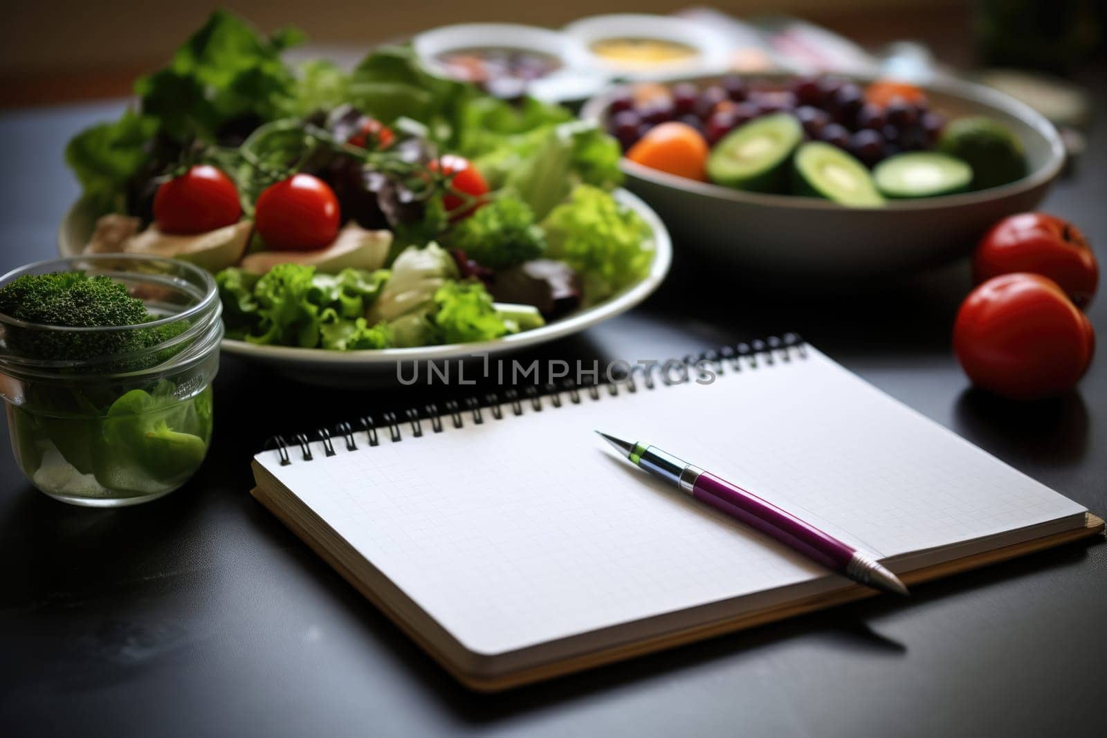 Healthy foods, fruits and vegetables with a blank white notepad for writing. Healthy food choices for the heart, healthy lifestyle concept.Generative AI