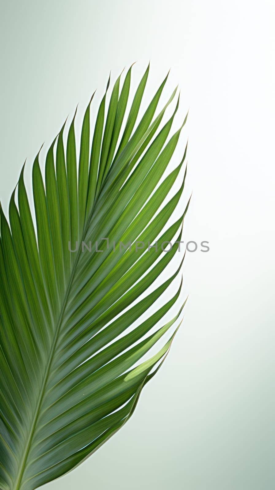 lone palm leaf, emerald green, against a white wall. Generative AI
