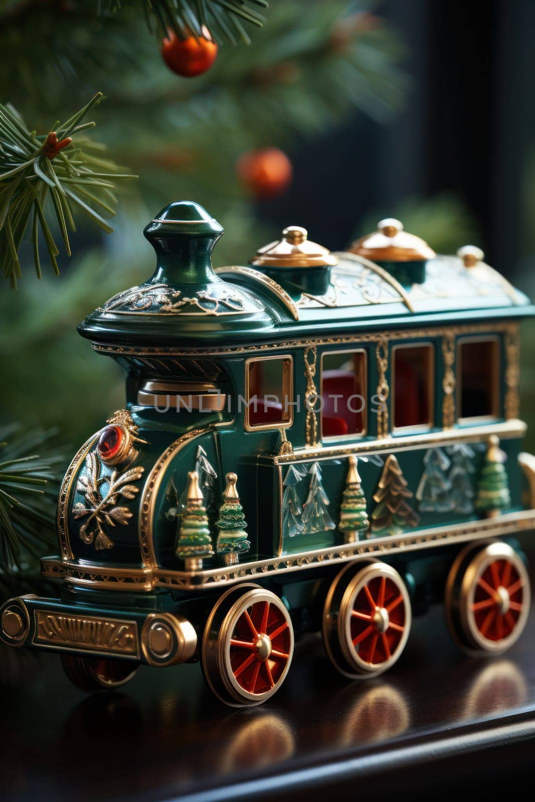toy Christmas wooden train as a decoration for the Christmas tree. retro locomotive for railway toy road. design and gift concept for New Year's holiday.Generative AI