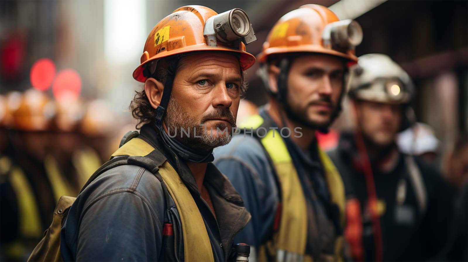 portraits of workers in hard hats against the background of a blurred image of a city street.Generative AI