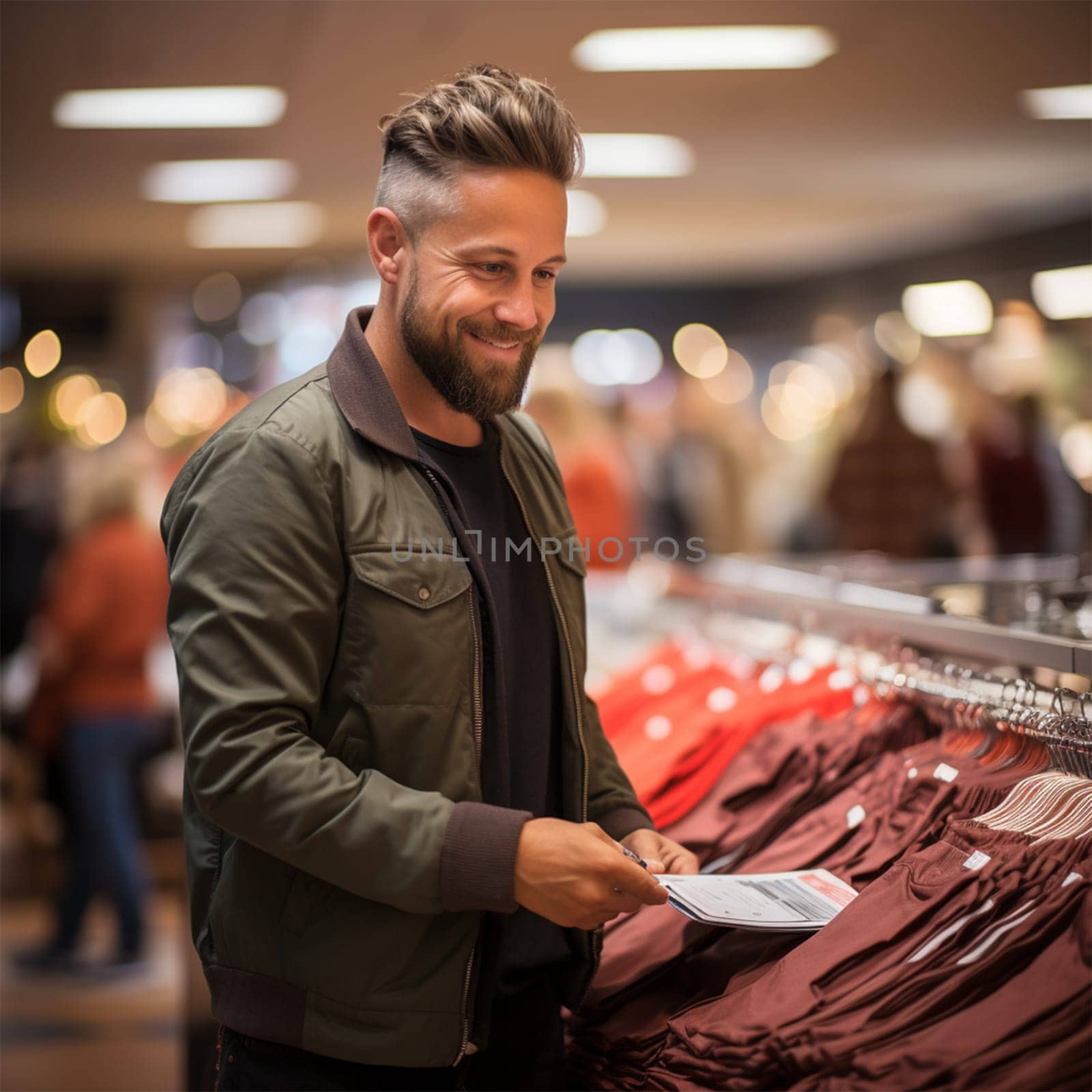 A handsome young man looks at clothes on a shelf in a store.Generative AI