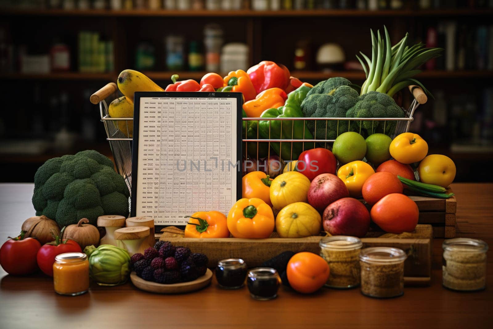 Healthy foods, fruits and vegetables with a blank white notepad for writing. Healthy food choices for the heart, healthy lifestyle concept.Generative AI