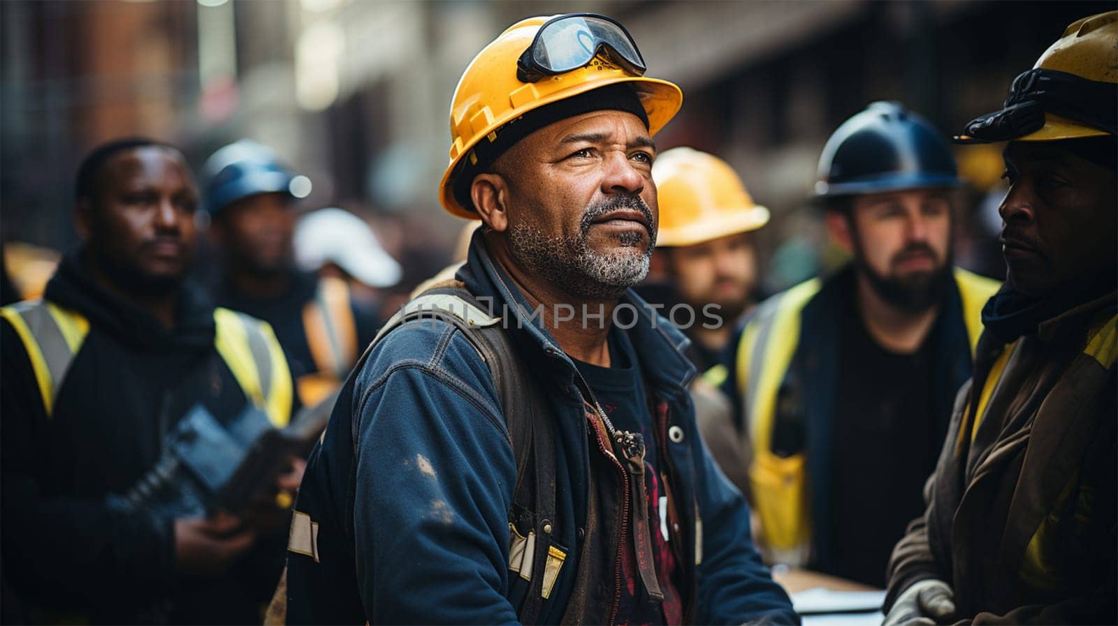 portraits of workers in hard hats against the background of a blurred image of a city street.Generative AI