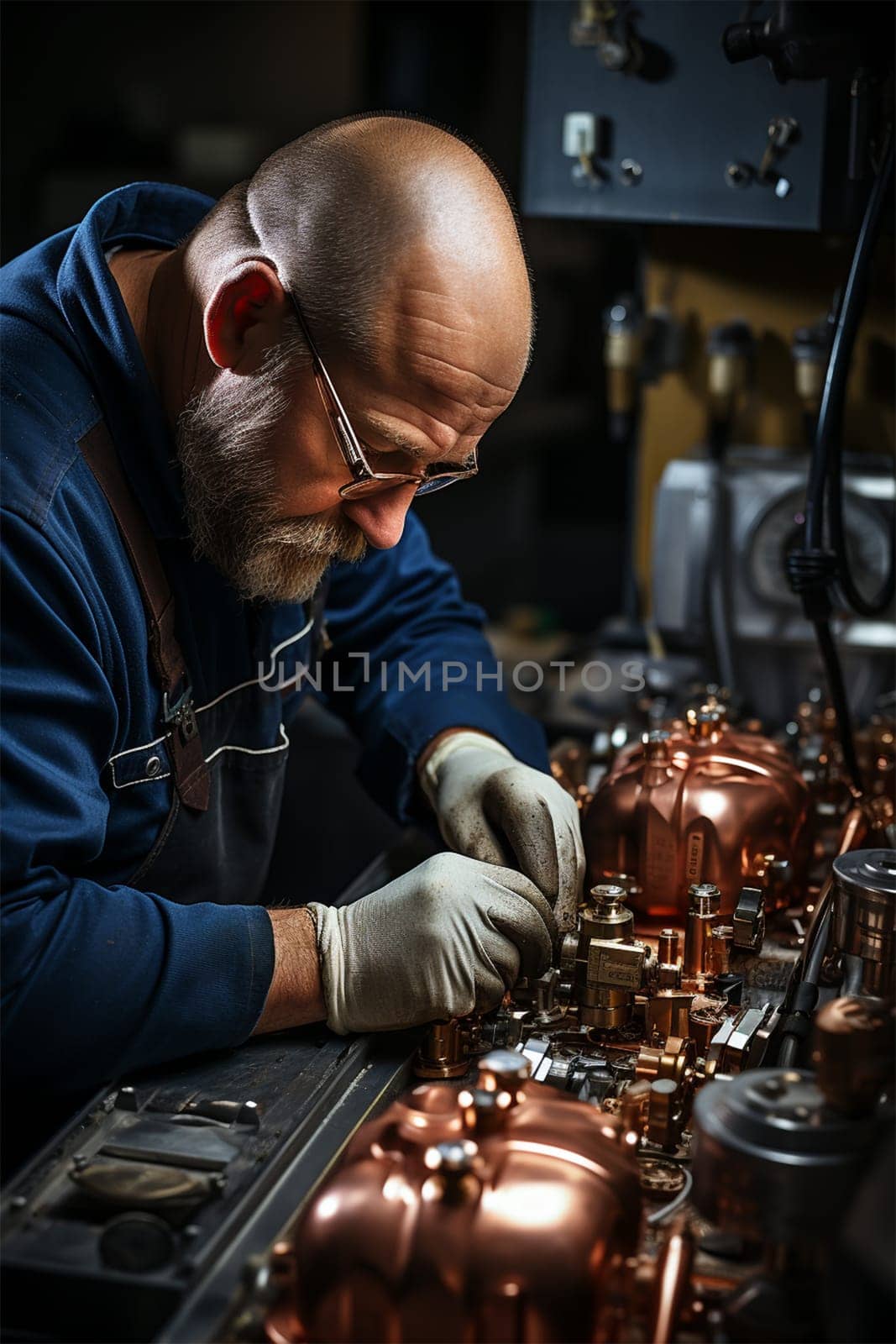 Side view of an elderly bearded man in glasses and overalls working with in a workshop .Generative AI