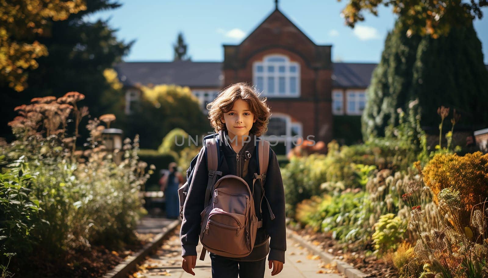 cheerful teenager in a jacket and with a backpack on the street on a sunny day. learning concept . Generative AI