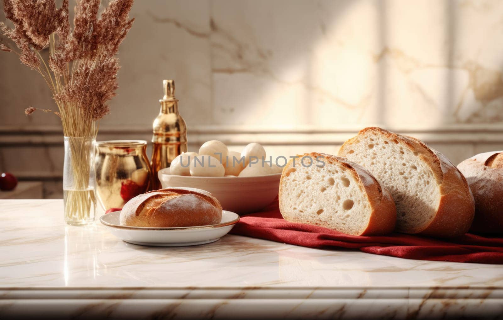 fresh bread on a marble tabletop early in the morning. Generative AI