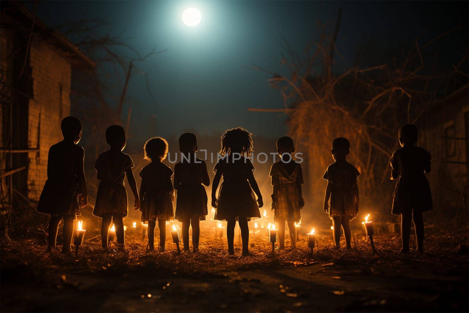 children play pranks on the street on Halloween. children stand against the background of torches and look at the full moon. mysticism.Generative AI