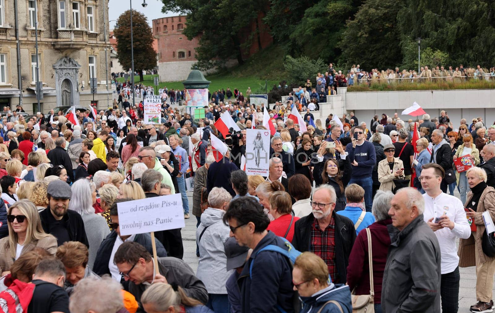 Cracow, Poland - October 1, 2023: Million Hearts March in Krakow. Crowds of Poles march through the streets of Krakow protesting against PiS's rule
