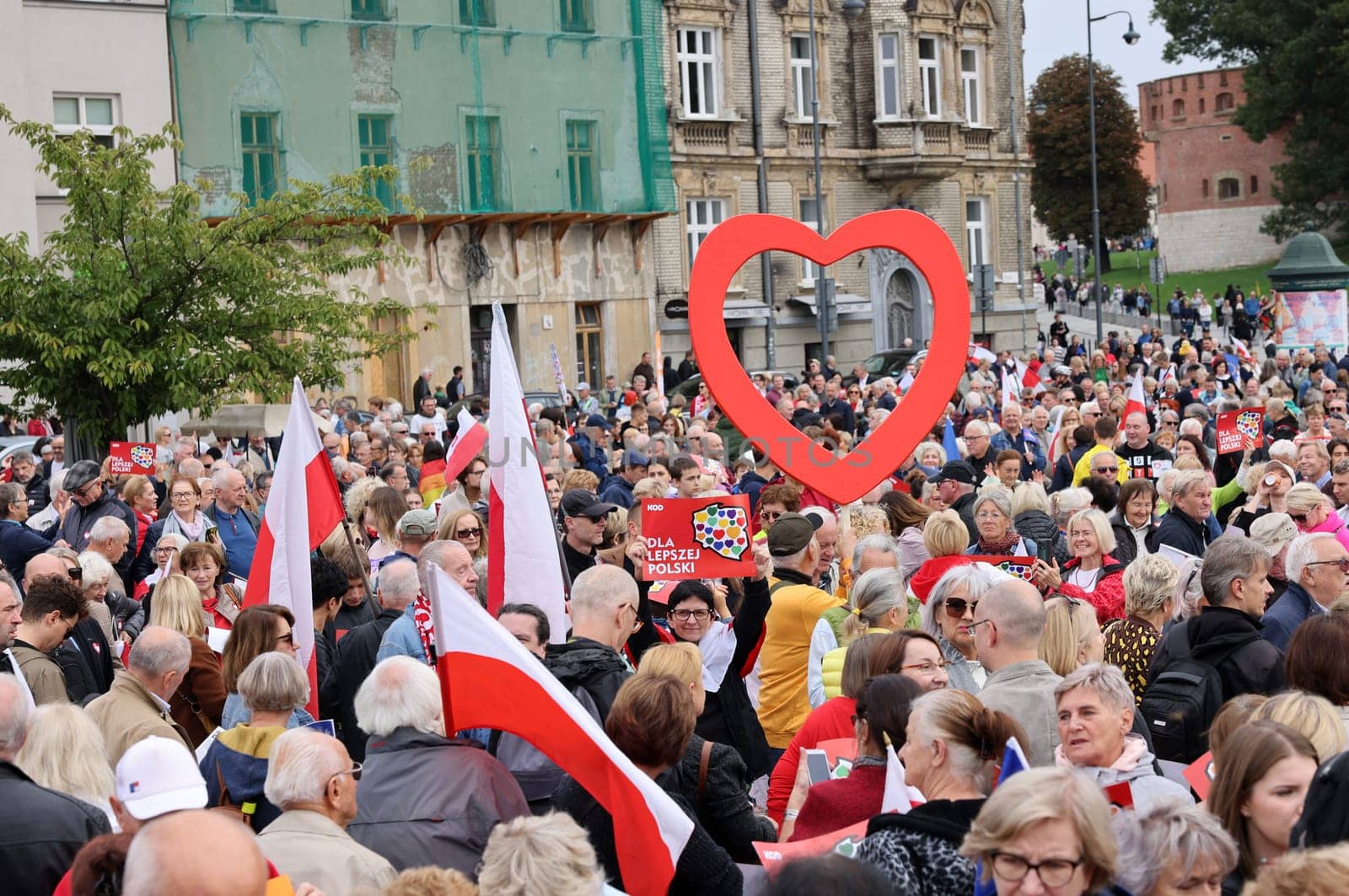 Cracow, Poland - October 1, 2023: Million Hearts March in Krakow. Crowds of Poles march through the streets of Krakow protesting against PiS's rule