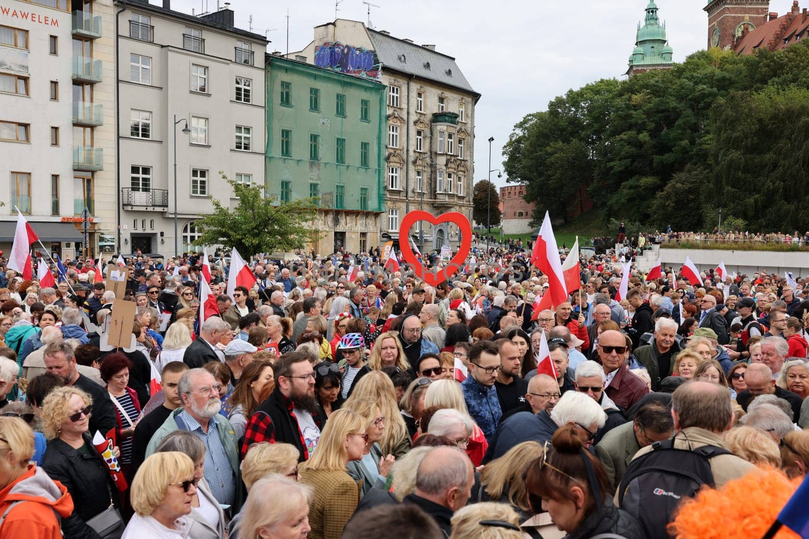 Cracow, Poland - October 1, 2023: Million Hearts March in Krakow. Crowds of Poles march through the streets of Krakow protesting against PiS's rule