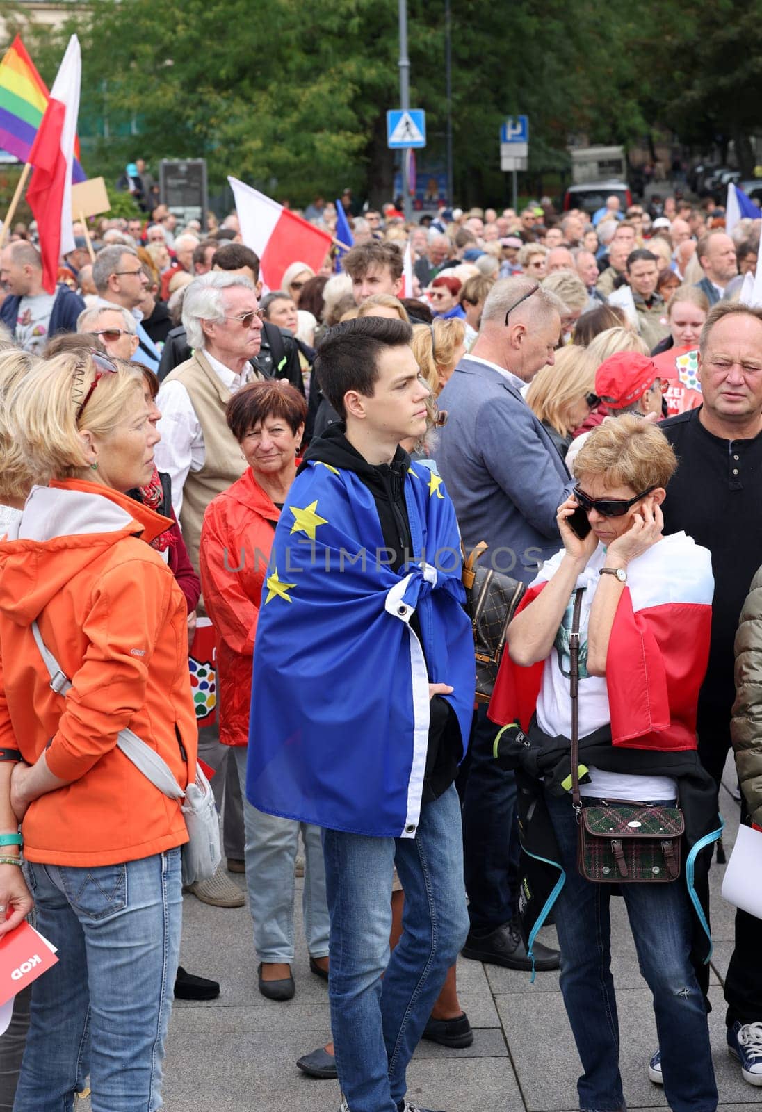 Cracow, Poland - October 1, 2023: Million Hearts March in Krakow. Crowds of Poles march through the streets of Krakow protesting against PiS's rule