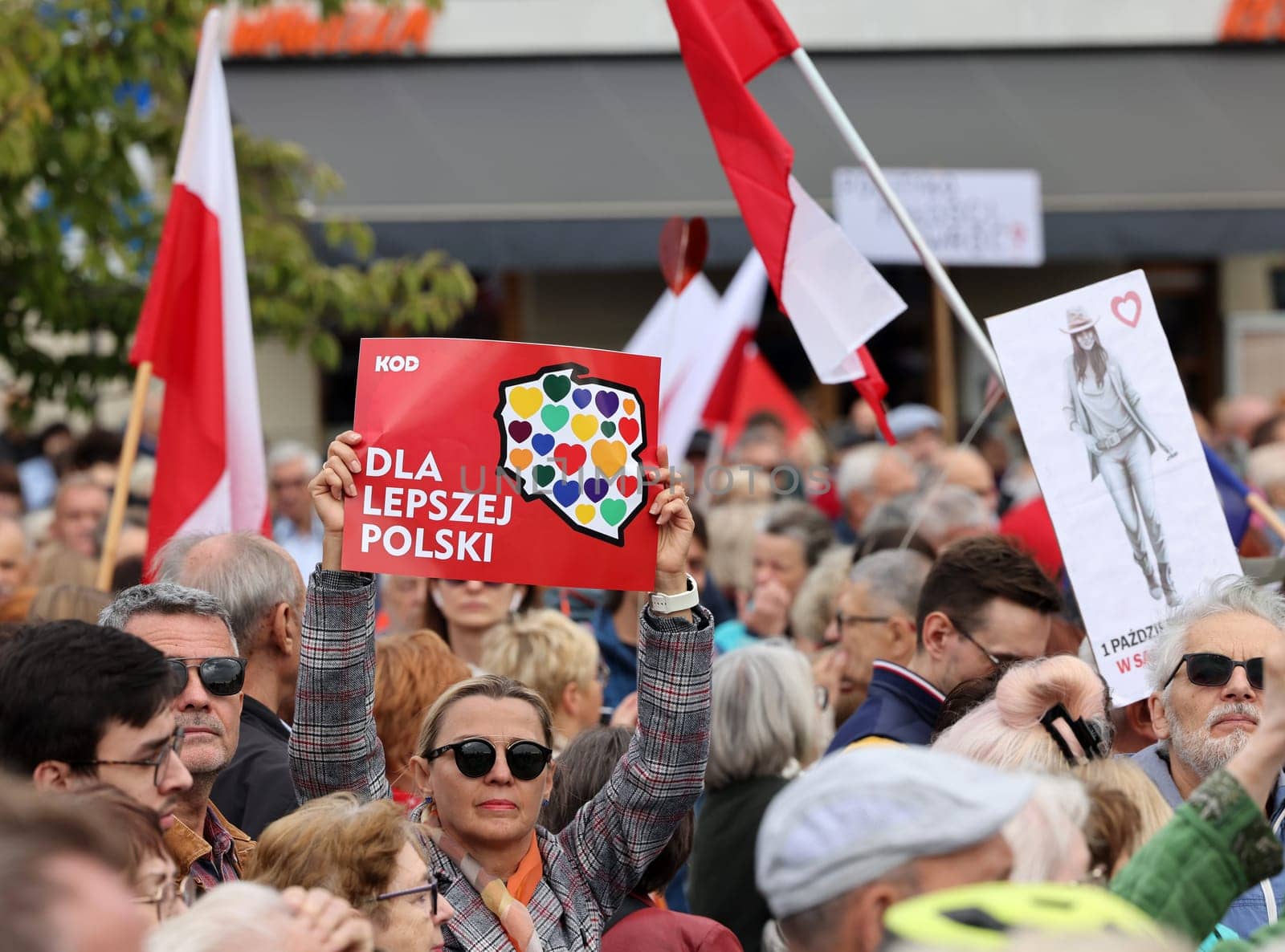 Cracow, Poland - October 1, 2023: Million Hearts March in Krakow. Crowds of Poles march through the streets of Krakow protesting against PiS's rule