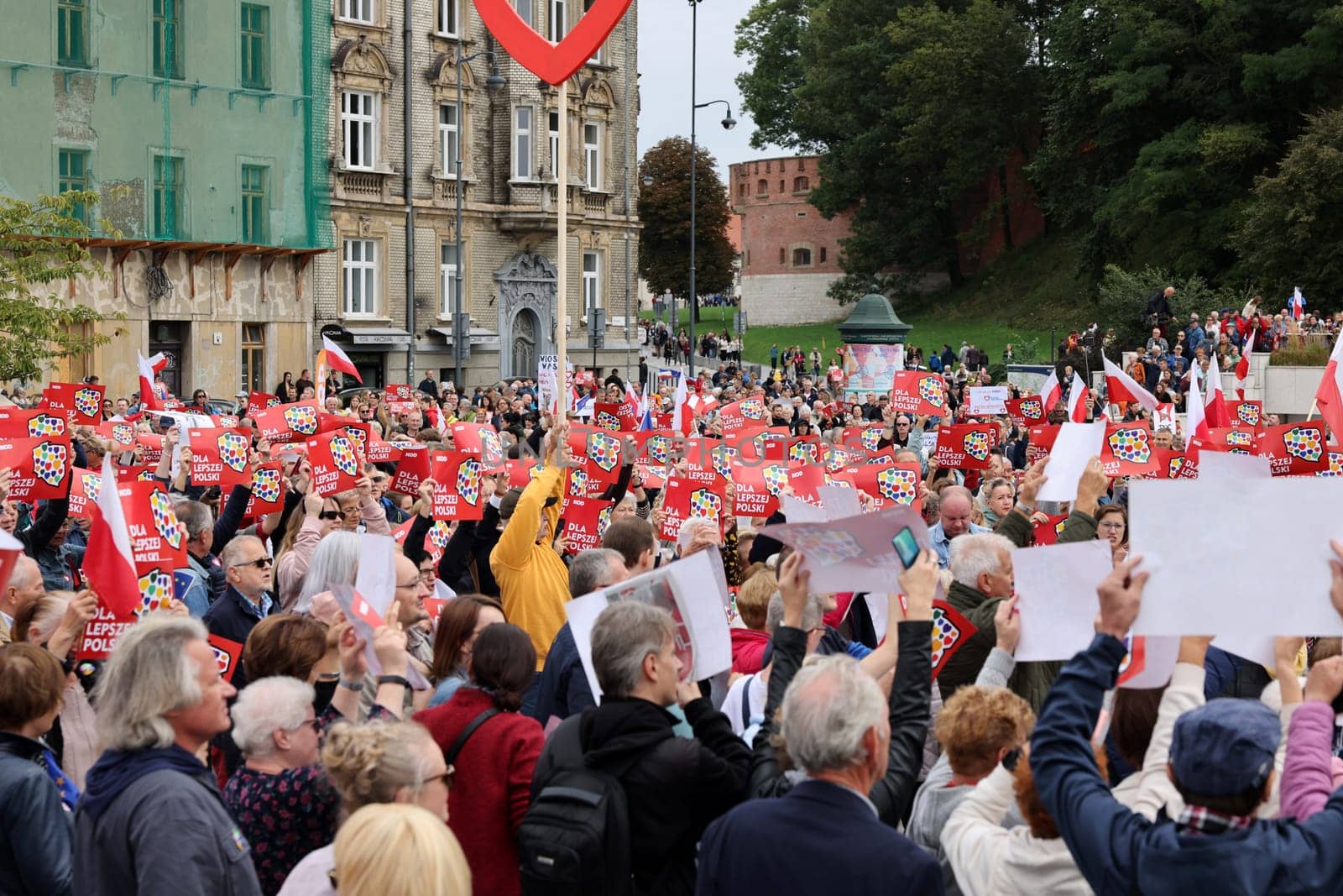 Cracow, Poland - October 1, 2023: Million Hearts March in Krakow. Crowds of Poles march through the streets of Krakow protesting against PiS's rule