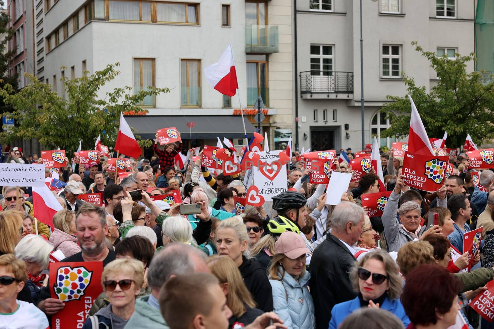 Cracow, Poland - October 1, 2023: Million Hearts March in Krakow. Crowds of Poles march through the streets of Krakow protesting against PiS's rule