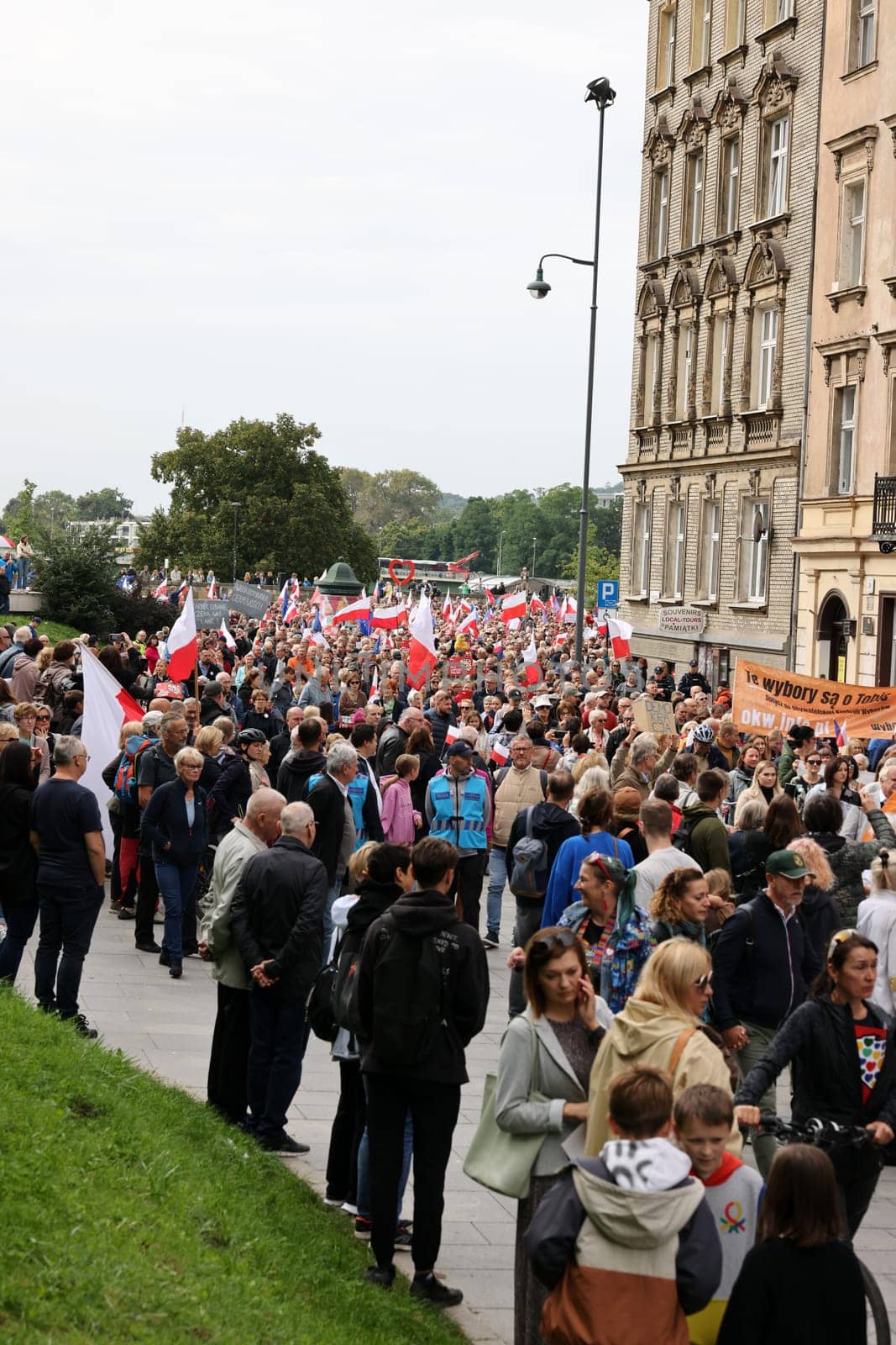 Cracow, Poland - October 1, 2023: Million Hearts March in Krakow. Crowds of Poles march through the streets of Krakow protesting against PiS's rule