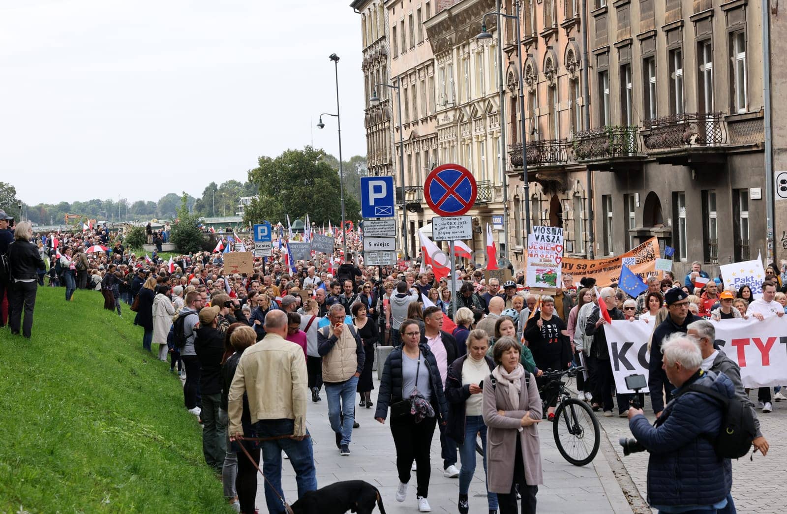 Cracow, Poland - October 1, 2023: Million Hearts March in Krakow. Crowds of Poles march through the streets of Krakow protesting against PiS's rule