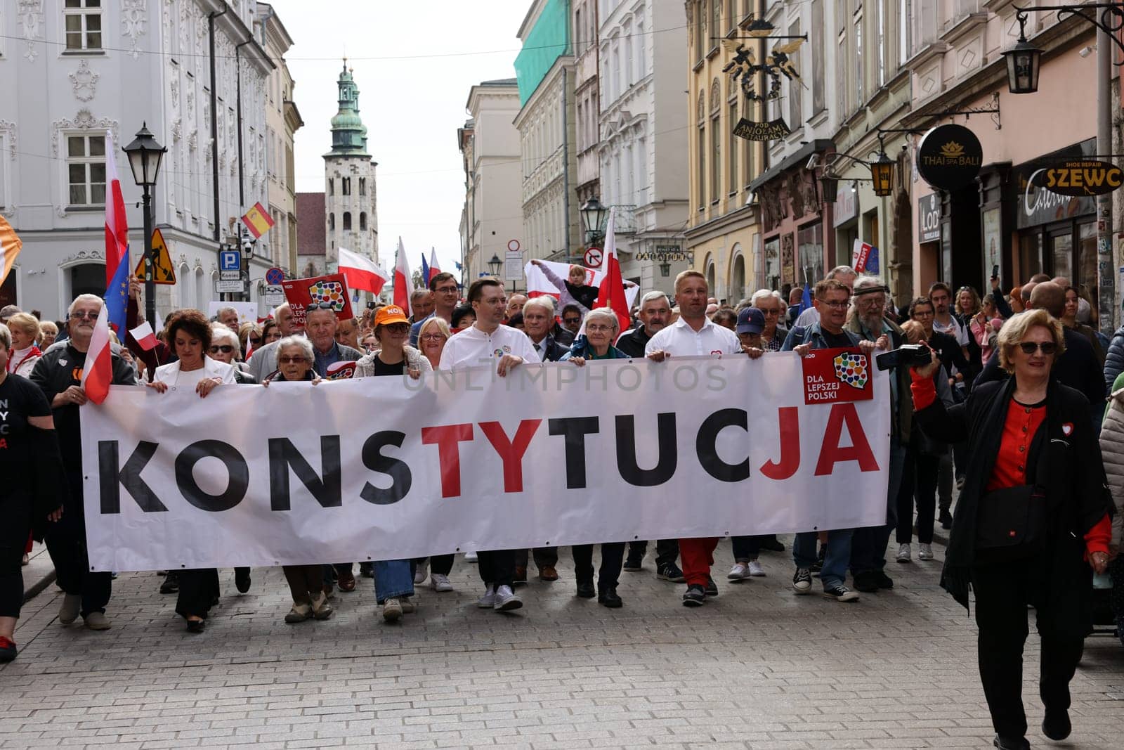Cracow, Poland - October 1, 2023: Million Hearts March in Krakow. Crowds of Poles march through the streets of Krakow protesting against PiS's rule