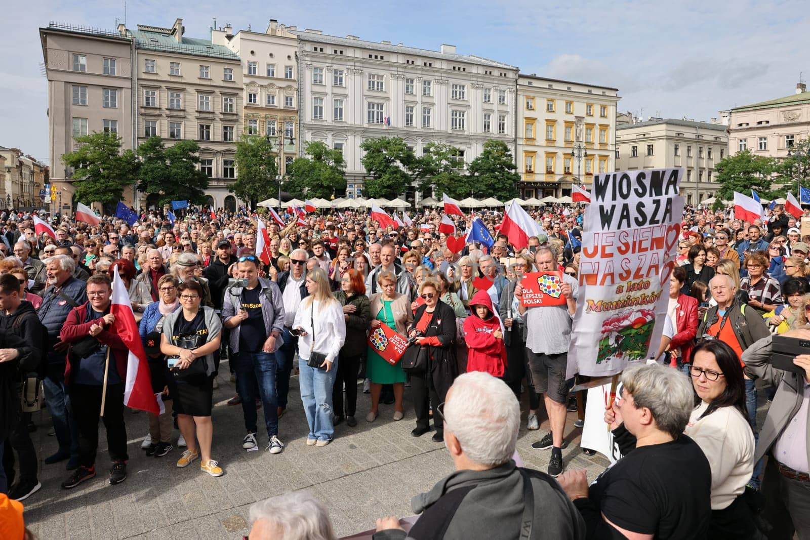 Cracow, Poland - October 1, 2023: Million Hearts March in Krakow. Crowds of Poles march through the streets of Krakow protesting against PiS's rule