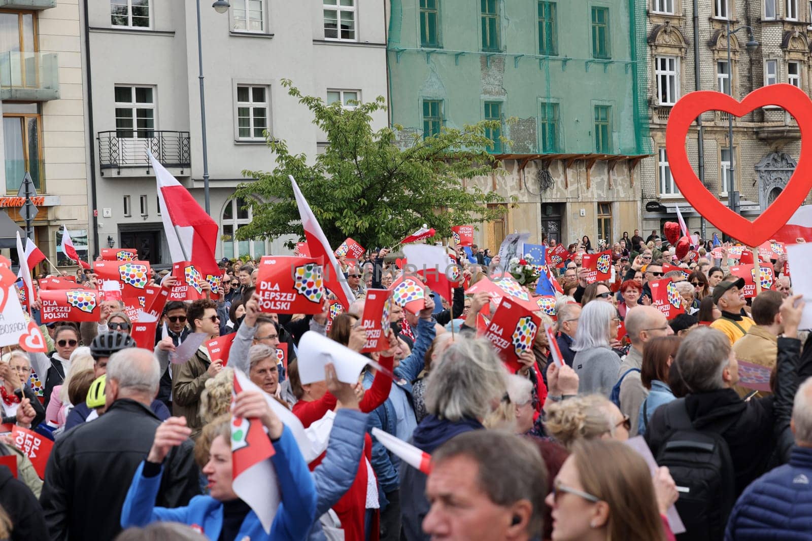 Cracow, Poland - October 1, 2023: Million Hearts March in Krakow. Crowds of Poles march through the streets of Krakow protesting against PiS's rule