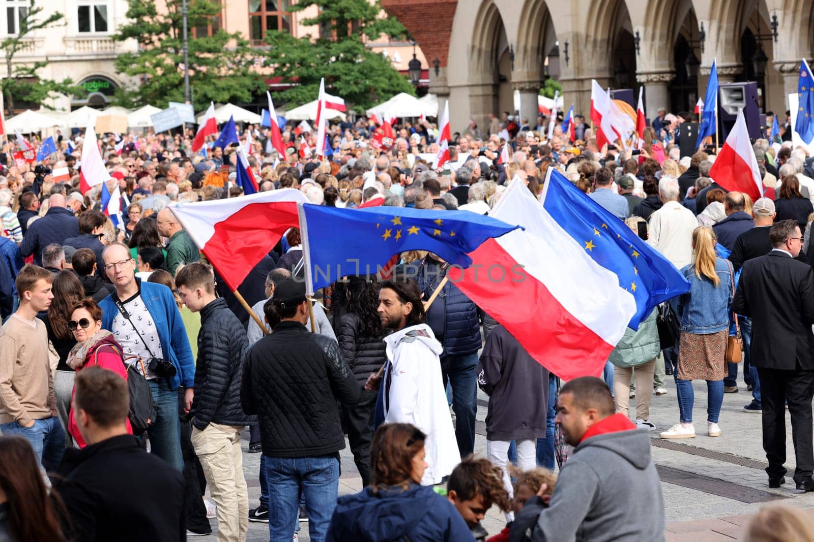Cracow, Poland - October 1, 2023: Million Hearts March in Krakow. Crowds of Poles march through the streets of Krakow protesting against PiS's rule
