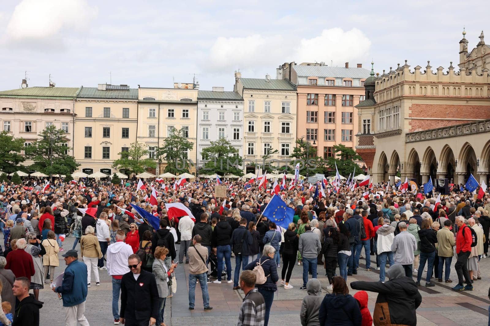 Cracow, Poland - October 1, 2023: Million Hearts March in Krakow. Crowds of Poles march through the streets of Krakow protesting against PiS's rule