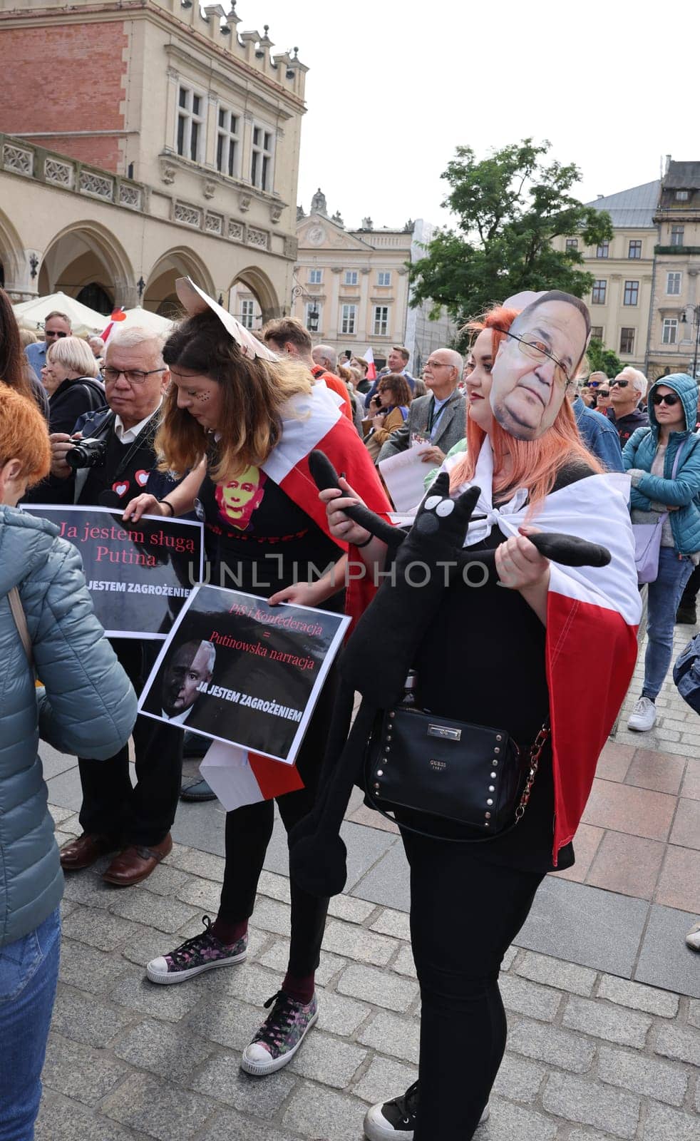 Cracow, Poland - October 1, 2023: Million Hearts March in Krakow. Crowds of Poles march through the streets of Krakow protesting against PiS's rule