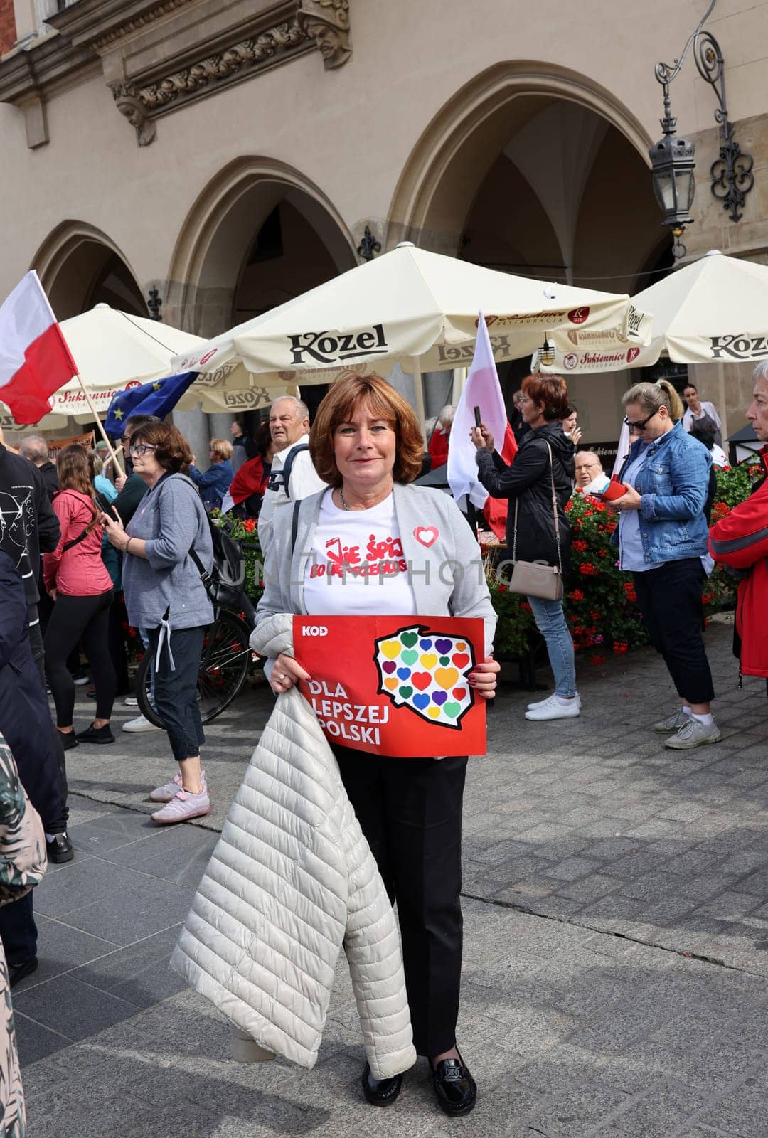 Cracow, Poland - October 1, 2023: Million Hearts March in Krakow. Crowds of Poles march through the streets of Krakow protesting against PiS's rule