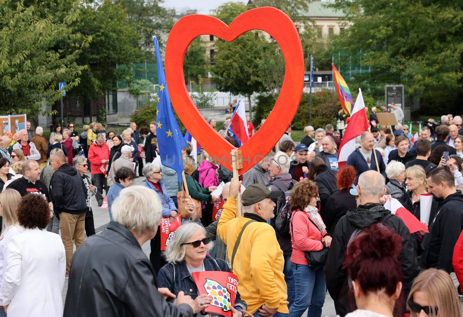 Cracow, Poland - October 1, 2023: Million Hearts March in Krakow. Crowds of Poles march through the streets of Krakow protesting against PiS's rule