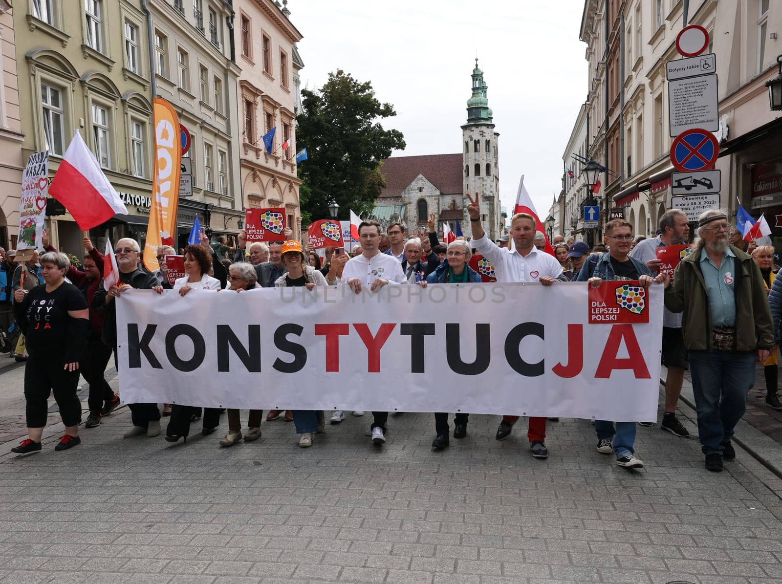 Cracow, Poland - October 1, 2023: Million Hearts March in Krakow. Crowds of Poles march through the streets of Krakow protesting against PiS's rule