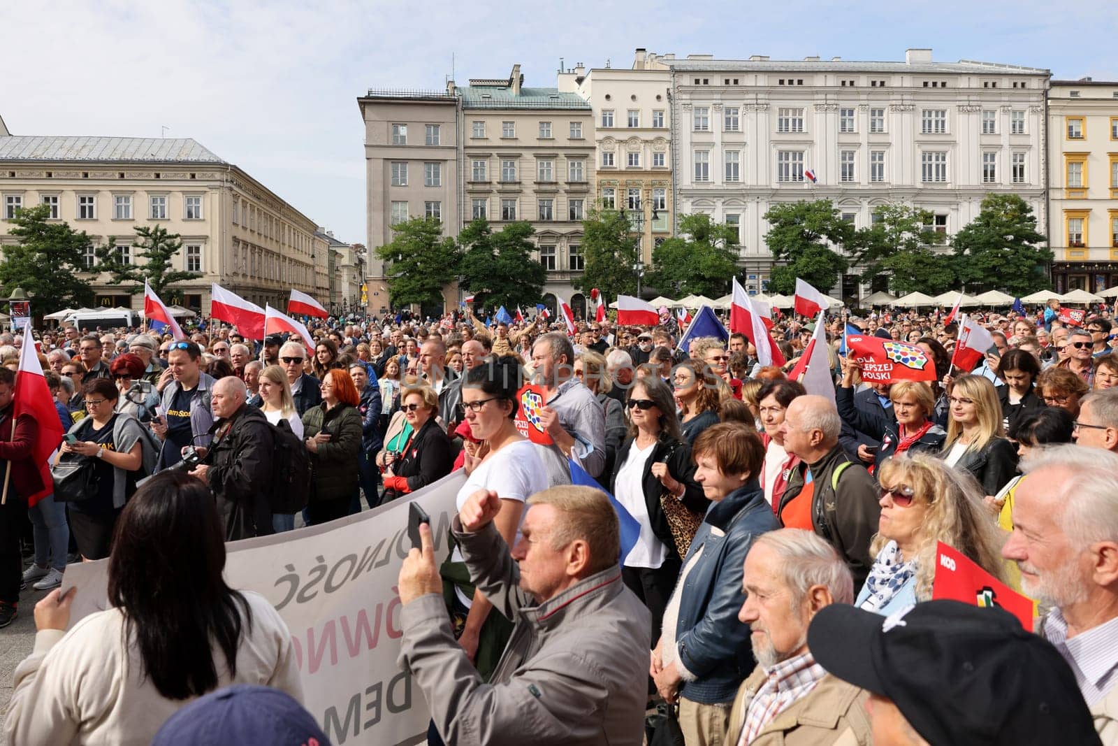 Cracow, Poland - October 1, 2023: Million Hearts March in Krakow. Crowds of Poles march through the streets of Krakow protesting against PiS's rule