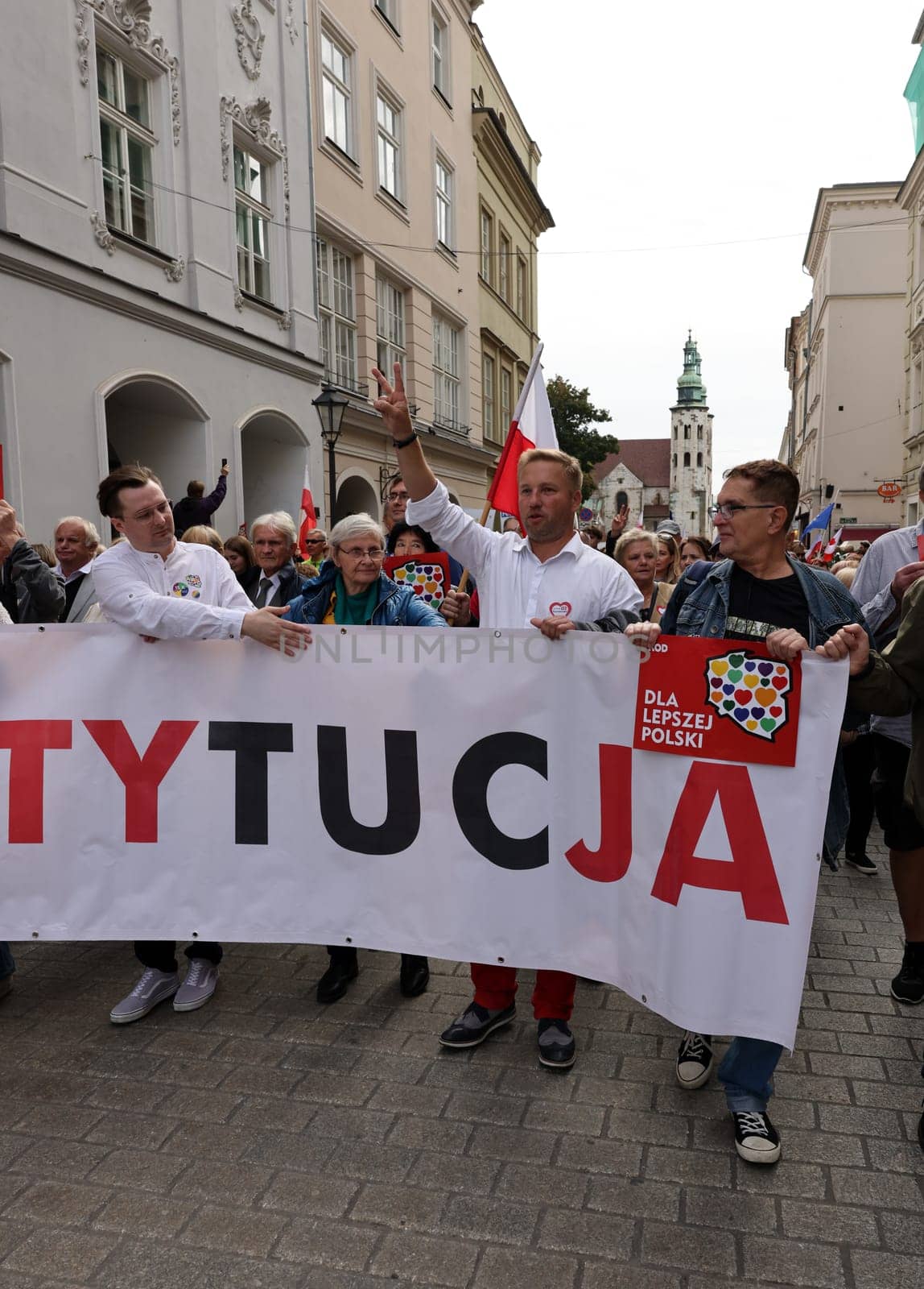 Cracow, Poland - October 1, 2023: Million Hearts March in Krakow. Crowds of Poles march through the streets of Krakow protesting against PiS's rule