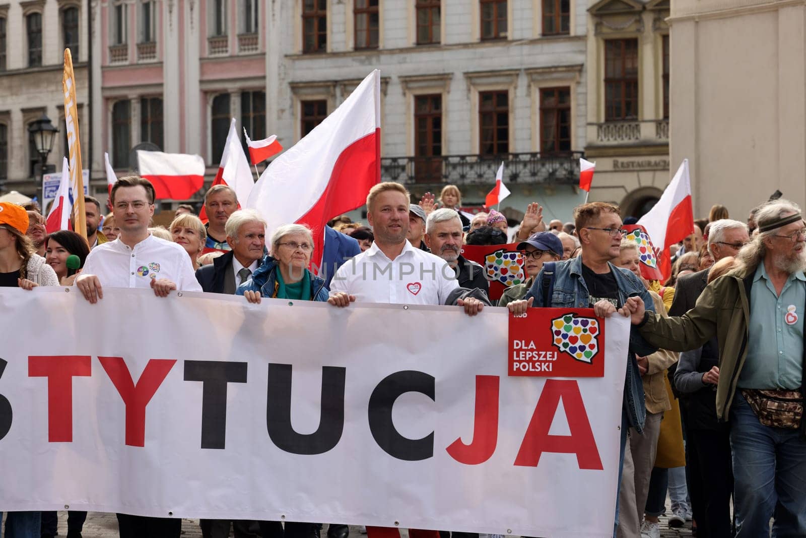 Cracow, Poland - October 1, 2023: Million Hearts March in Krakow. Crowds of Poles march through the streets of Krakow protesting against PiS's rule