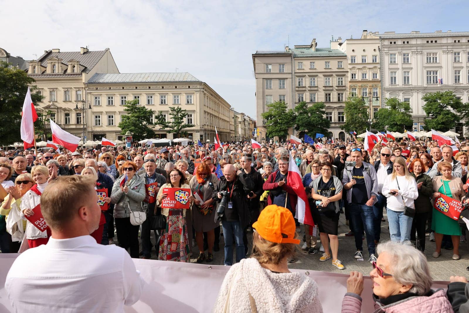 Cracow, Poland - October 1, 2023: Million Hearts March in Krakow. Crowds of Poles march through the streets of Krakow protesting against PiS's rule