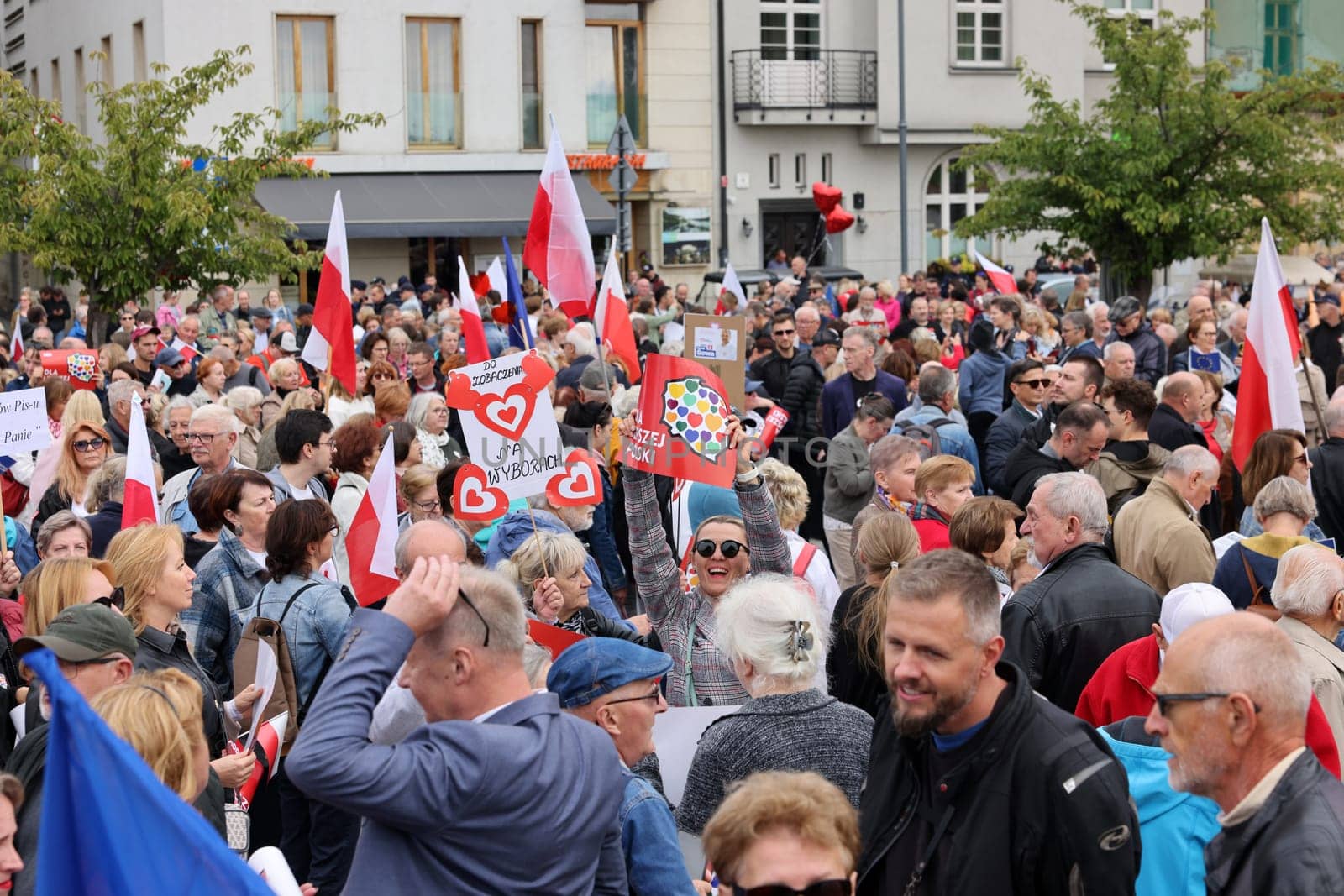 Cracow, Poland - October 1, 2023: Million Hearts March in Krakow. Crowds of Poles march through the streets of Krakow protesting against PiS's rule