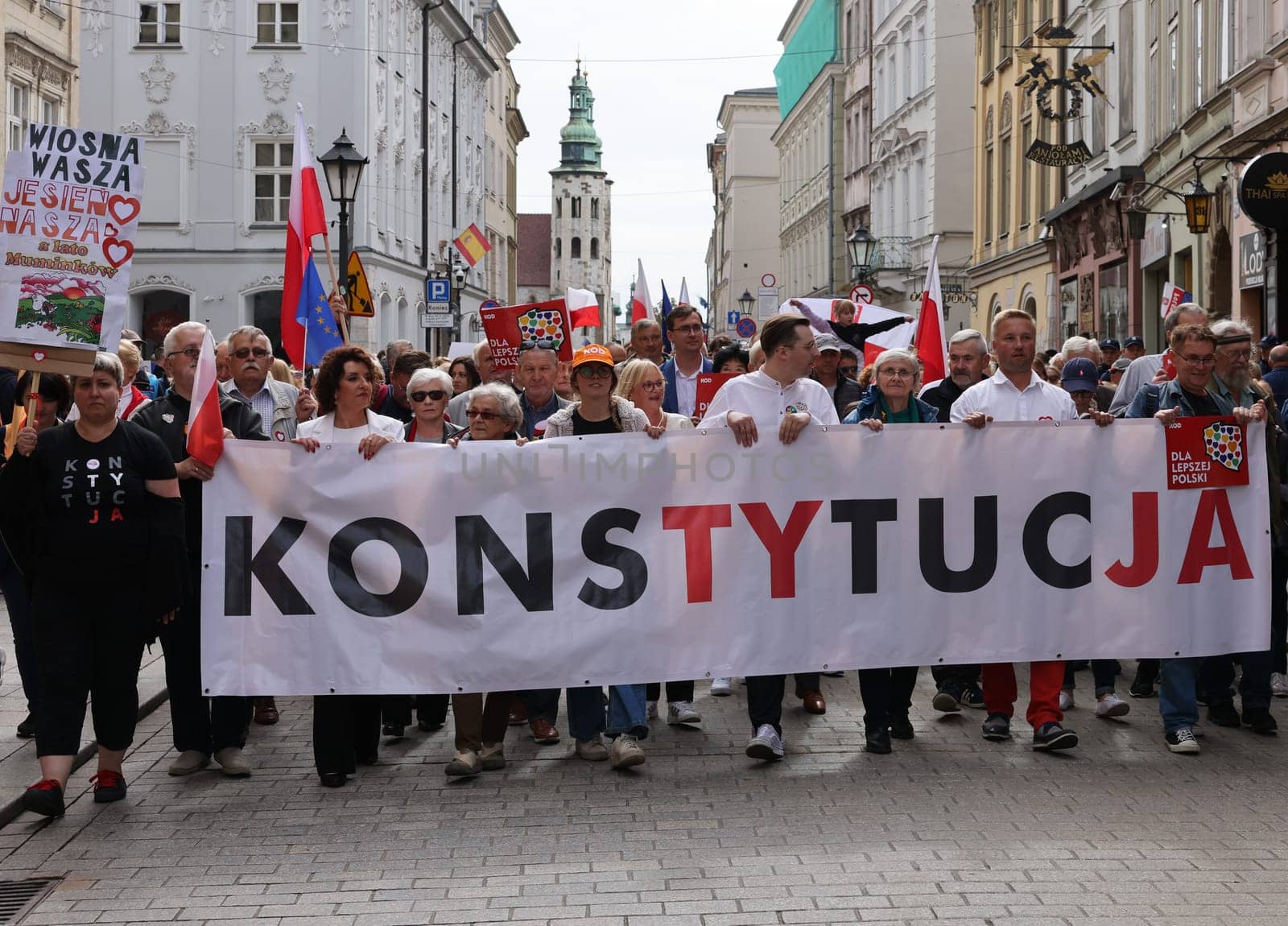 Cracow, Poland - October 1, 2023: Million Hearts March in Krakow. Crowds of Poles march through the streets of Krakow protesting against PiS's rule