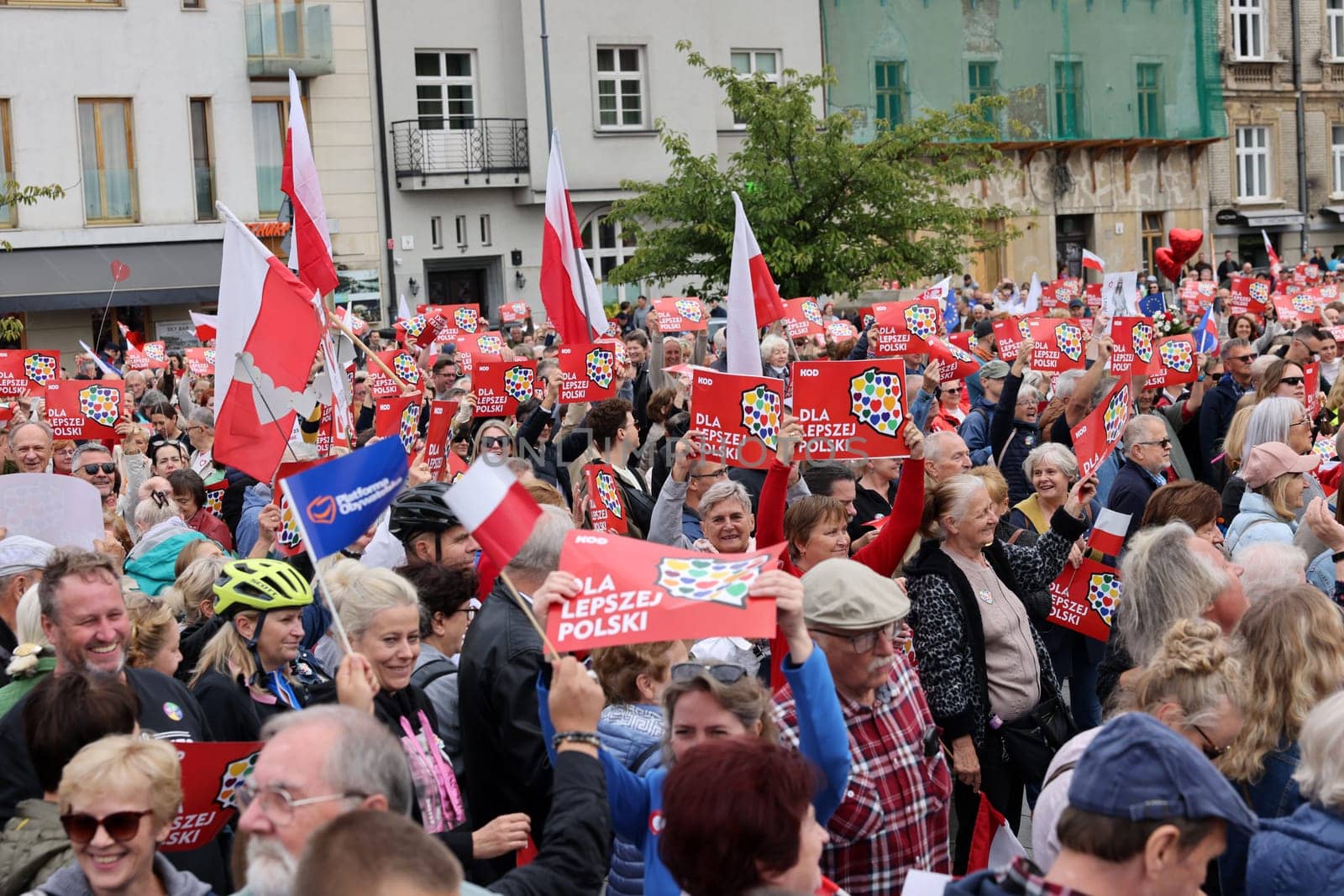 Cracow, Poland - October 1, 2023: Million Hearts March in Krakow. Crowds of Poles march through the streets of Krakow protesting against PiS's rule
