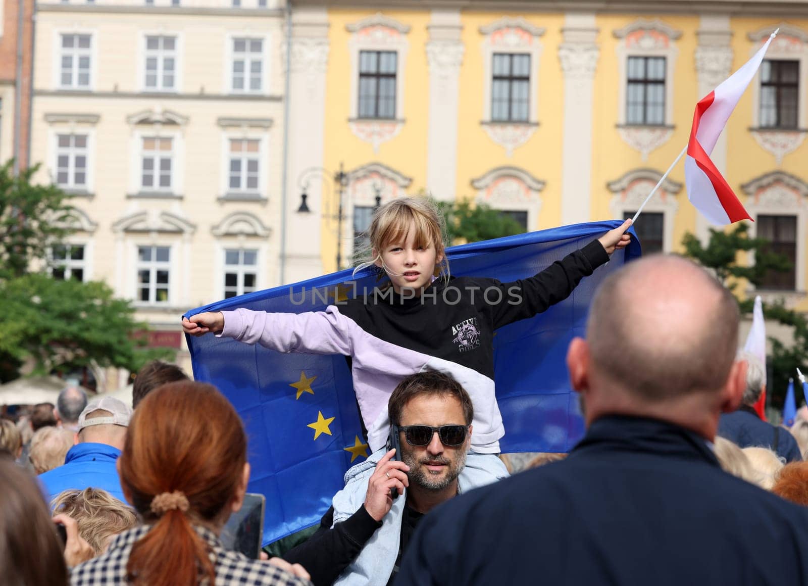 Cracow, Poland - October 1, 2023: Million Hearts March in Krakow. Crowds of Poles march through the streets of Krakow protesting against PiS's rule
