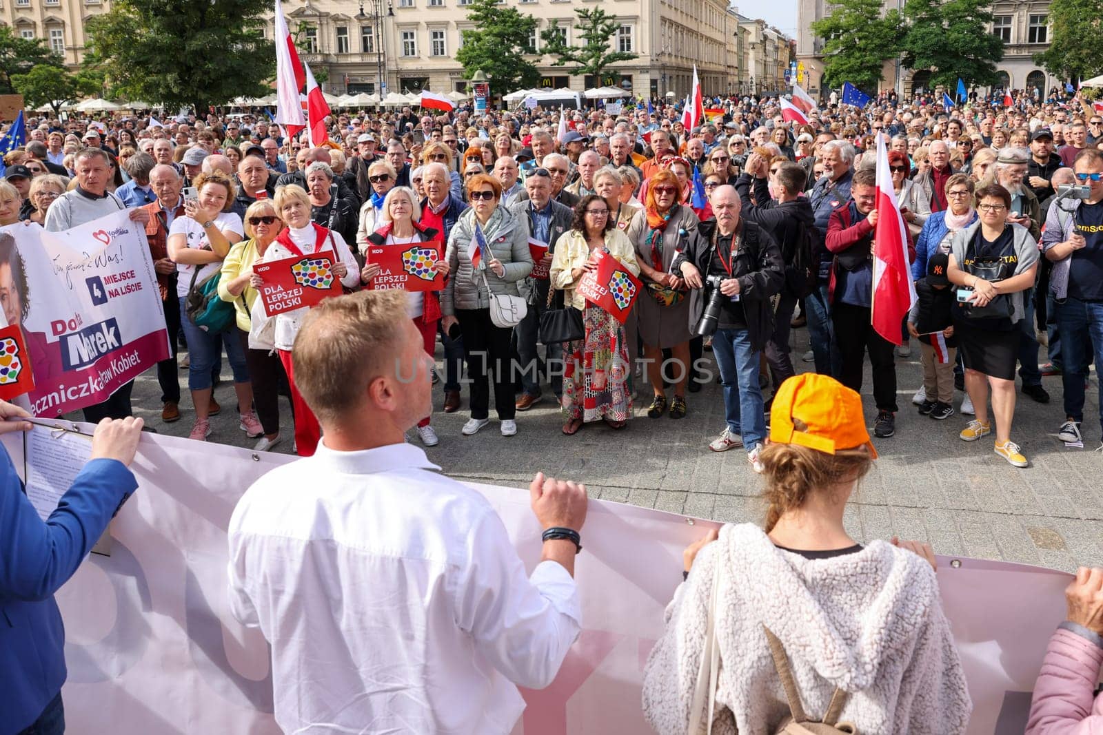 Cracow, Poland - October 1, 2023: Million Hearts March in Krakow. Crowds of Poles march through the streets of Krakow protesting against PiS's rule