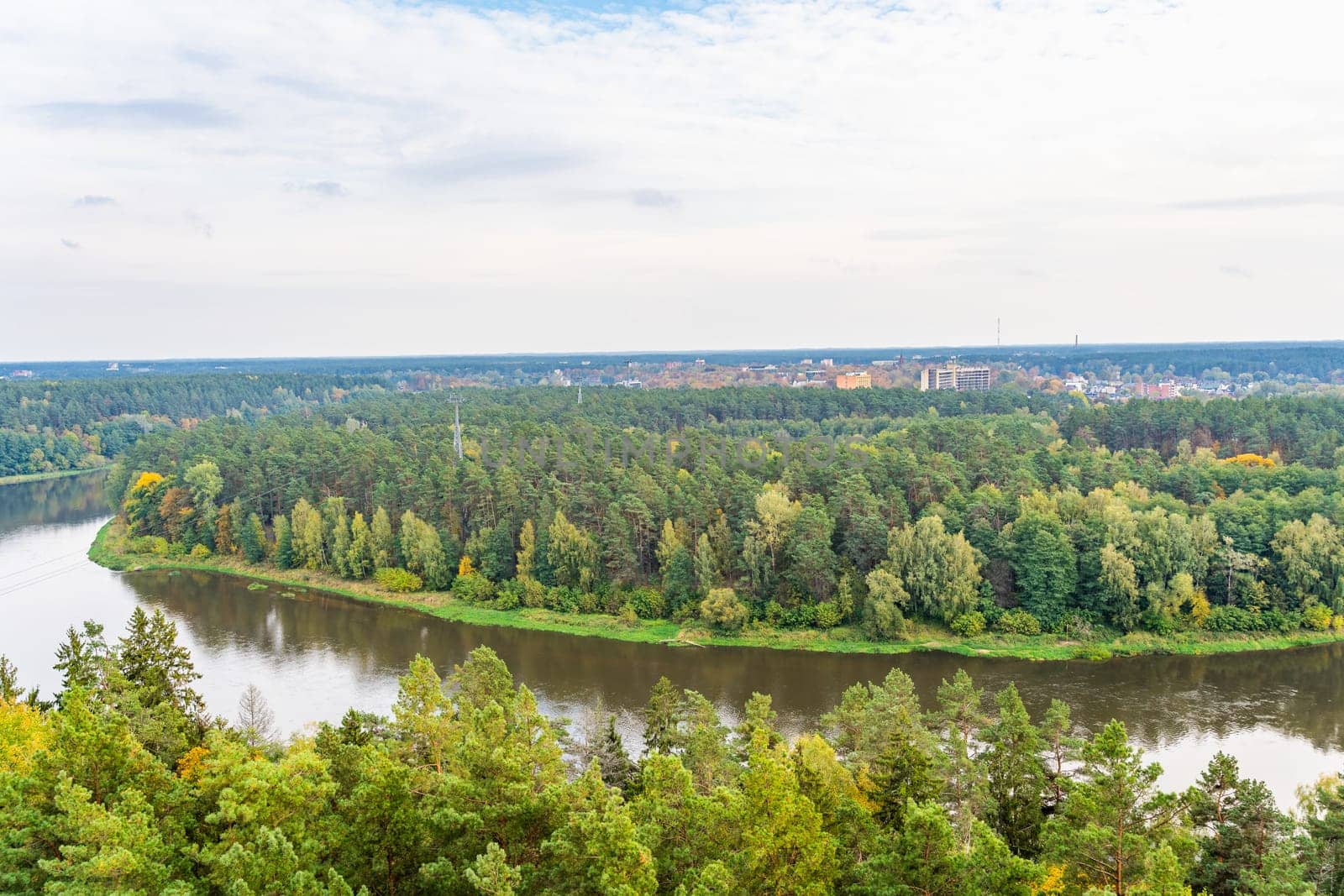 Aerial Shot of Neman or Nemunas River Amidst Autumn Woods, Druskininkai, Lithuania.