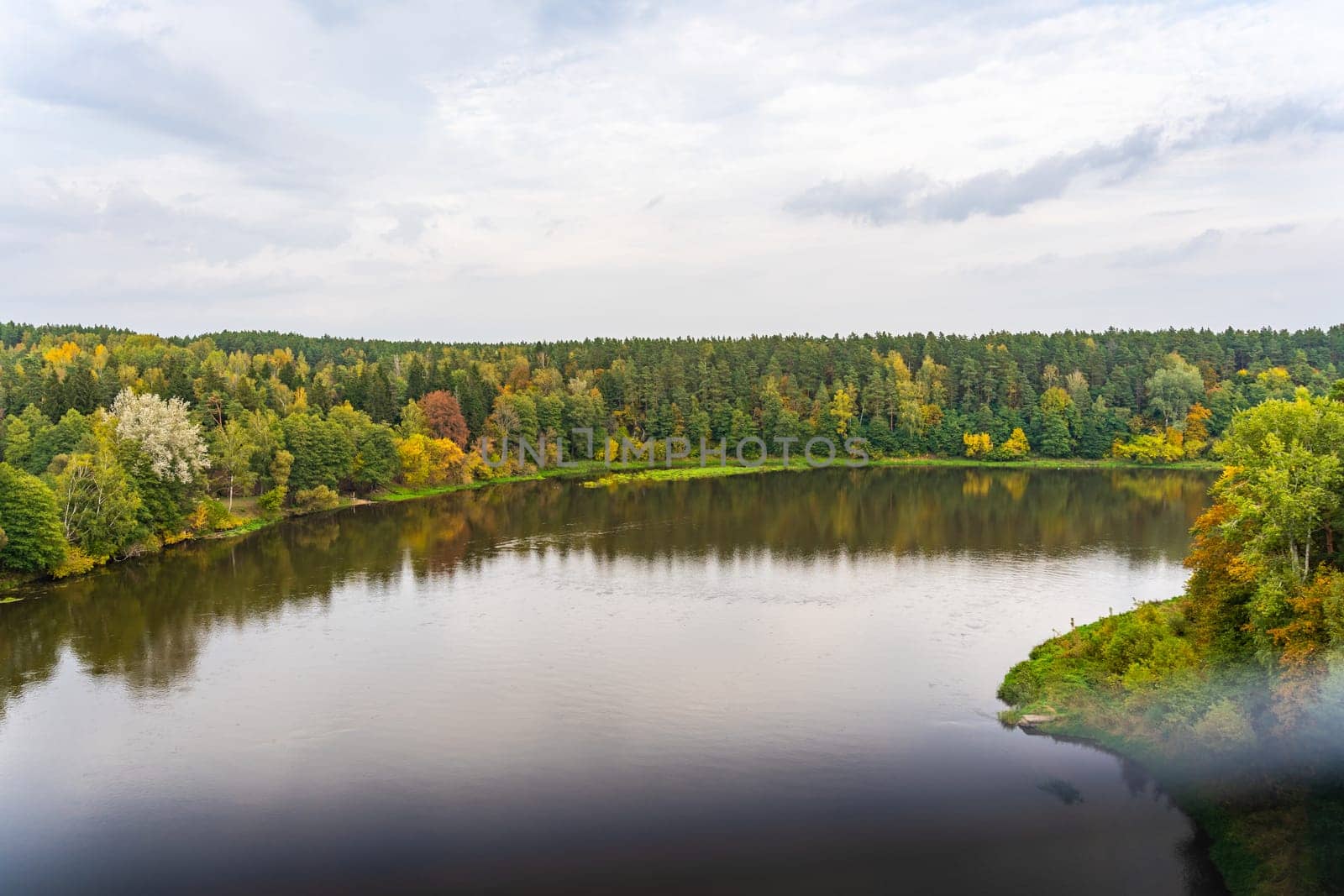 Autumn Scenery: Neman or Nemunas River from Bird's-Eye Perspective in Druskininkai, Lithuania.