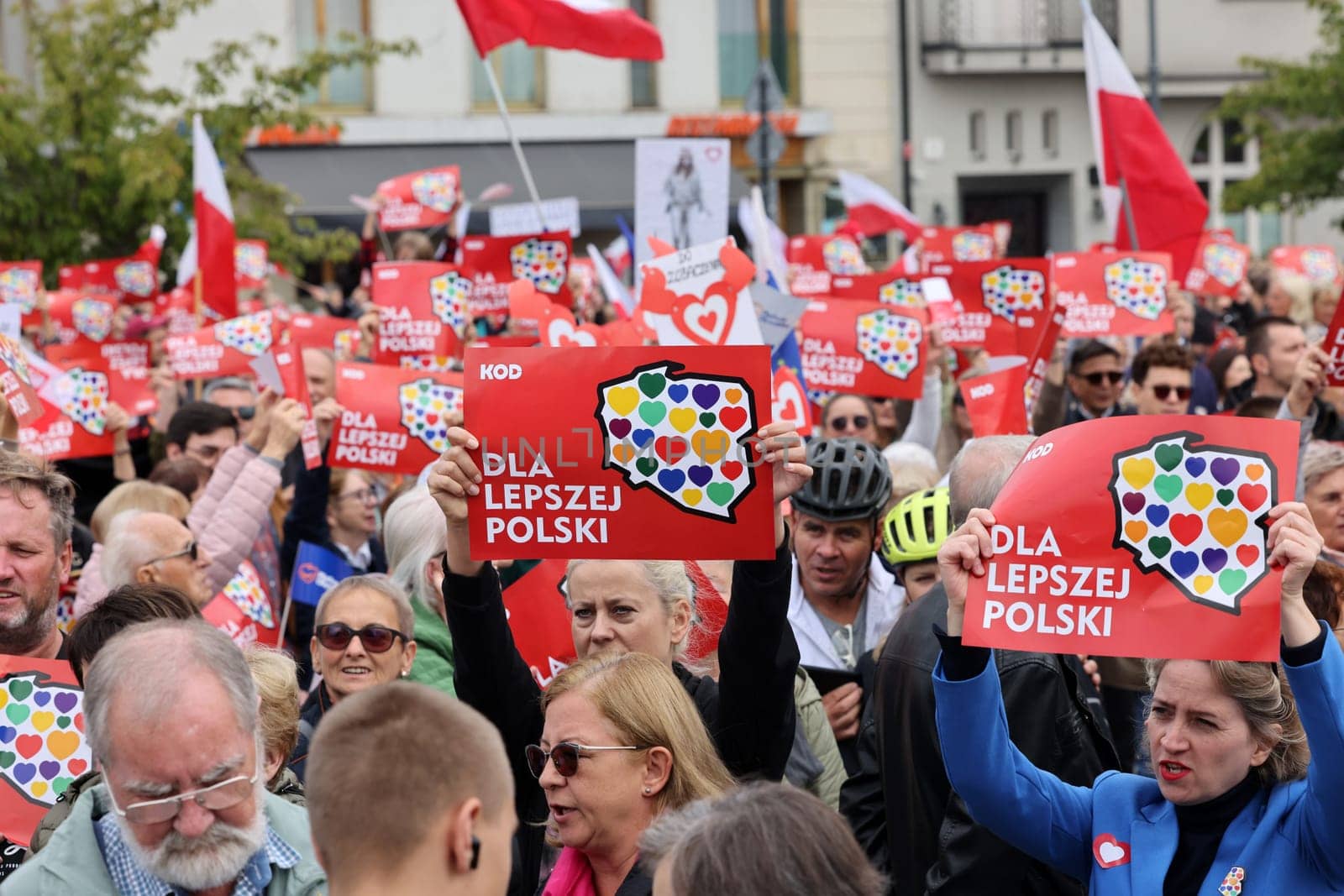 Cracow, Poland - October 1, 2023: Million Hearts March in Krakow. Crowds of Poles march through the streets of Krakow protesting against PiS's rule