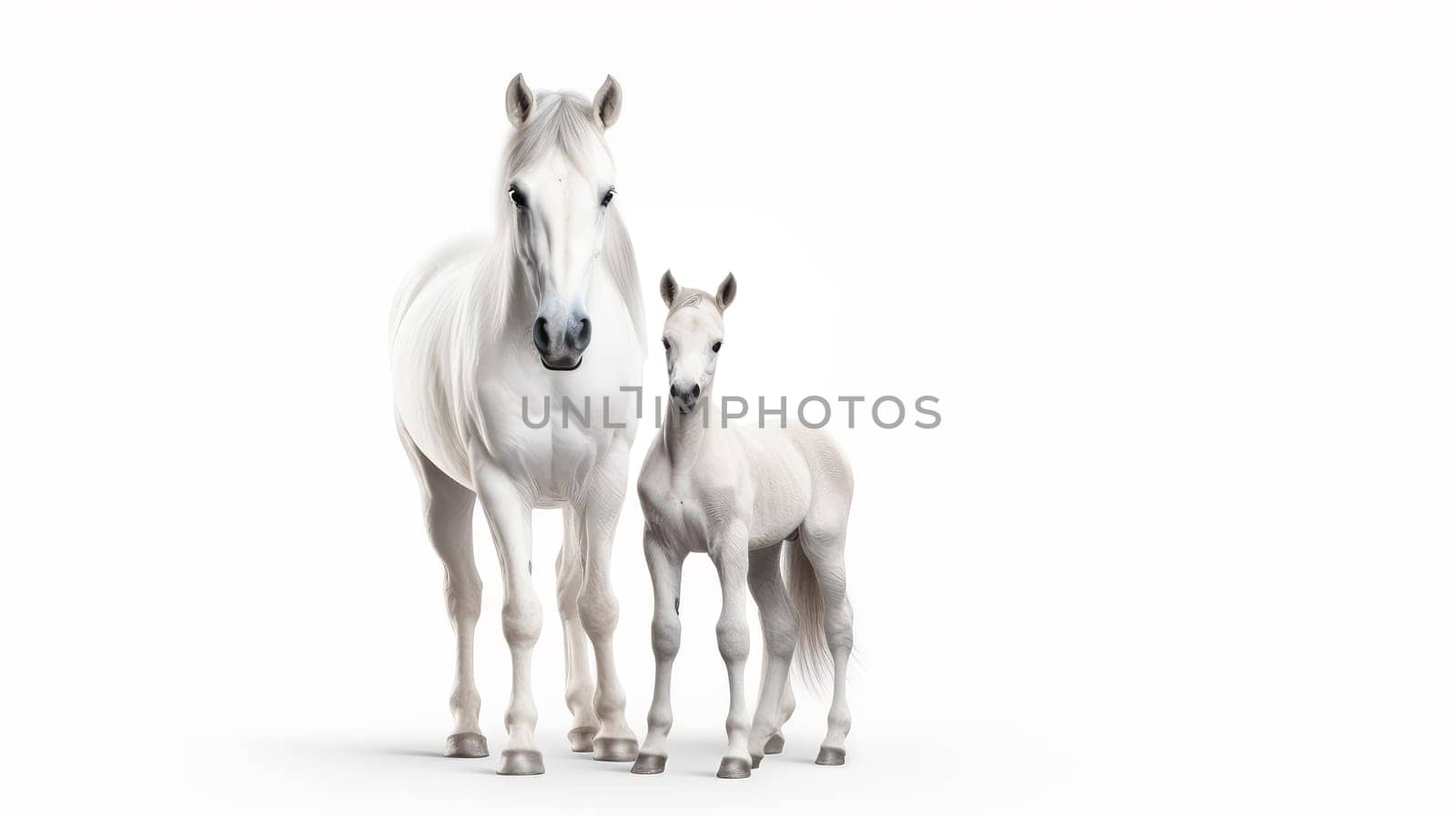 Beautiful horse with her foal isolated on white background. Artificial art.