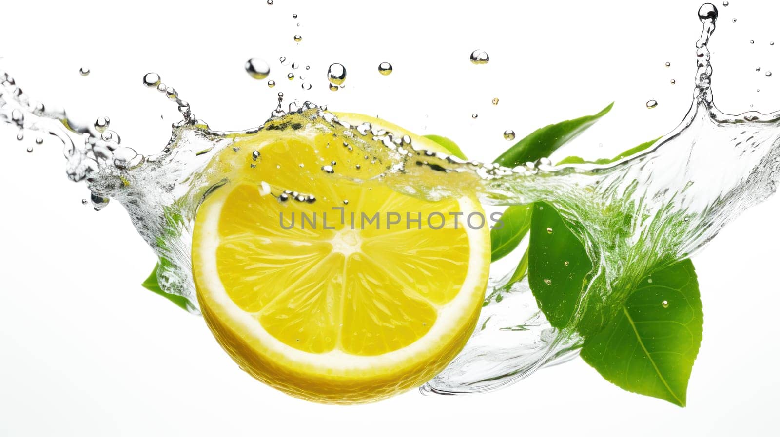 Fresh yellow lemon Fruit splash concept with water isolated on white background. artificial art