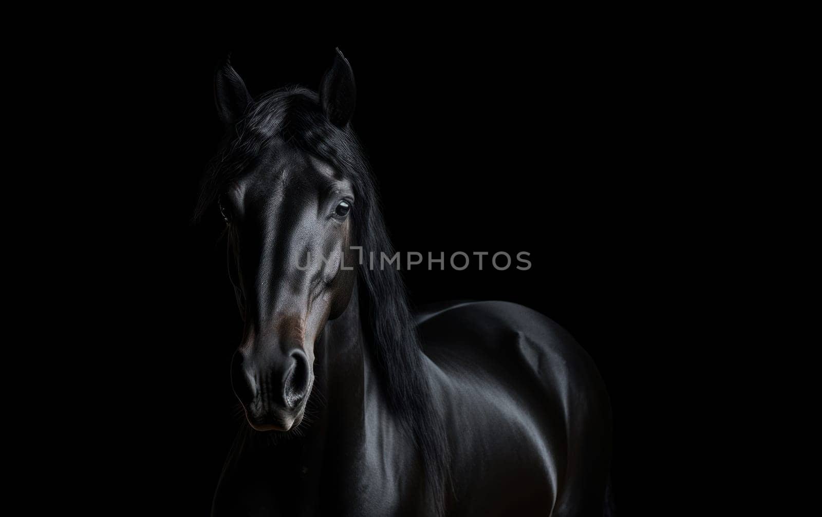 Beautiful black frisian stallion close up portrait on black background. Artificial Art.