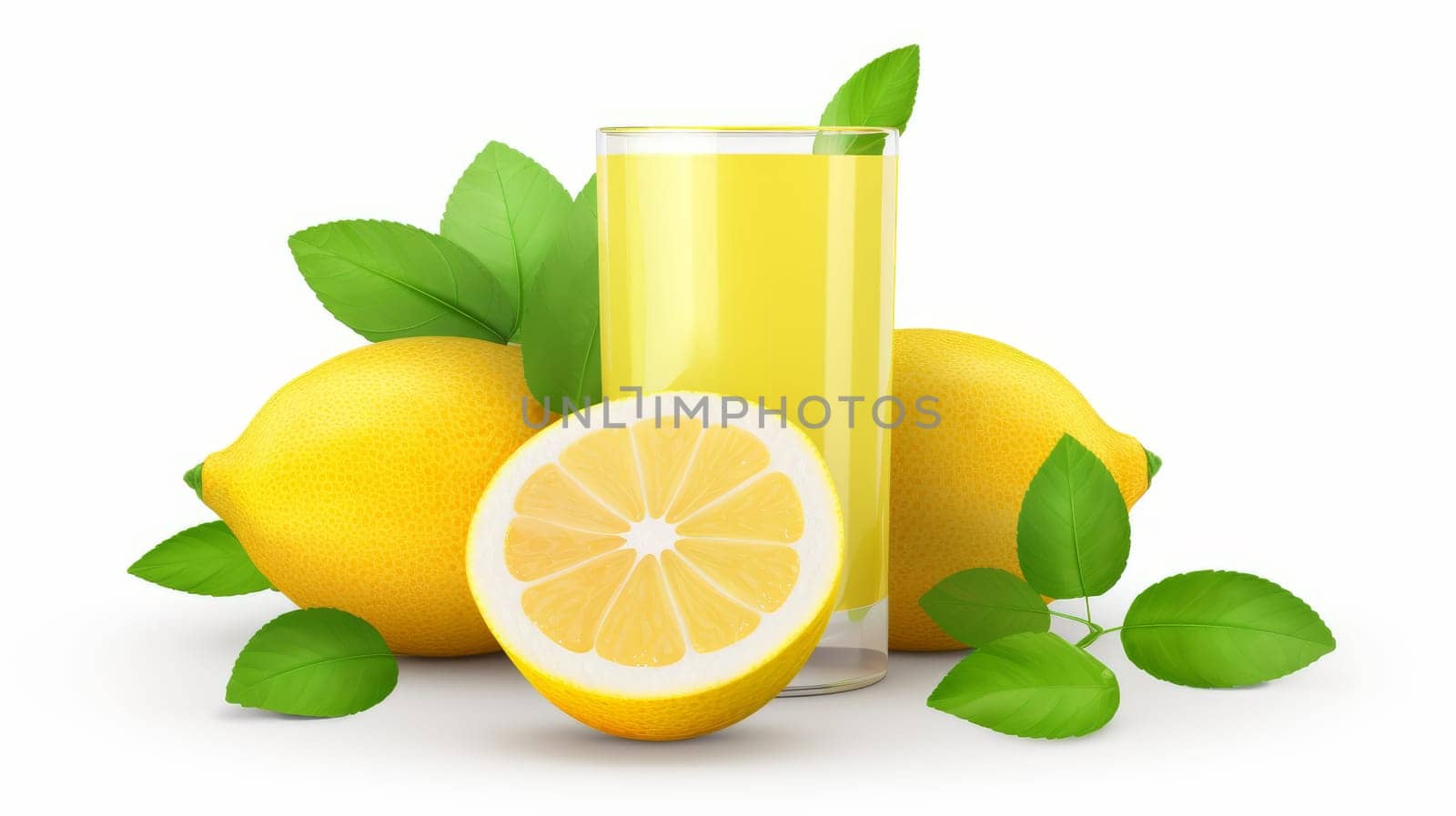 Delicious lemonade juice with fresh lemons and green leaves on white background. Artificial Art