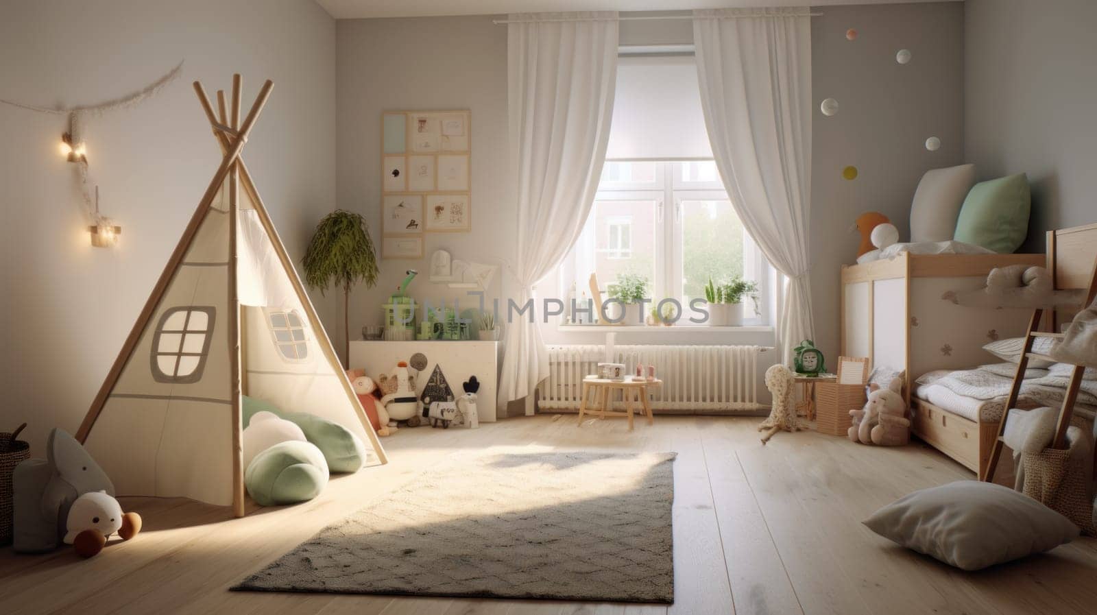 Creative playroom interior decorated with toys for kids. artificial art
