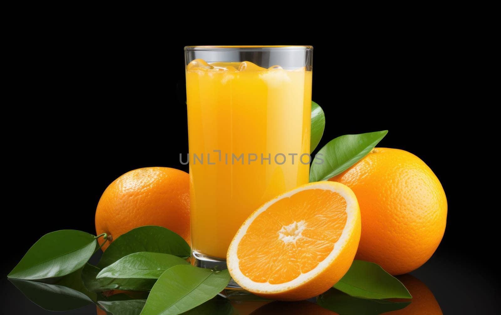 Fresh delicious orange juice in a glass with orange fruit on black background. artificial art