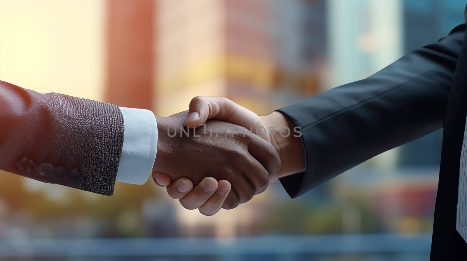 Business people in office suits standing and shaking hands, close-up. Business communication concept. Handshake and marketing. artificial art