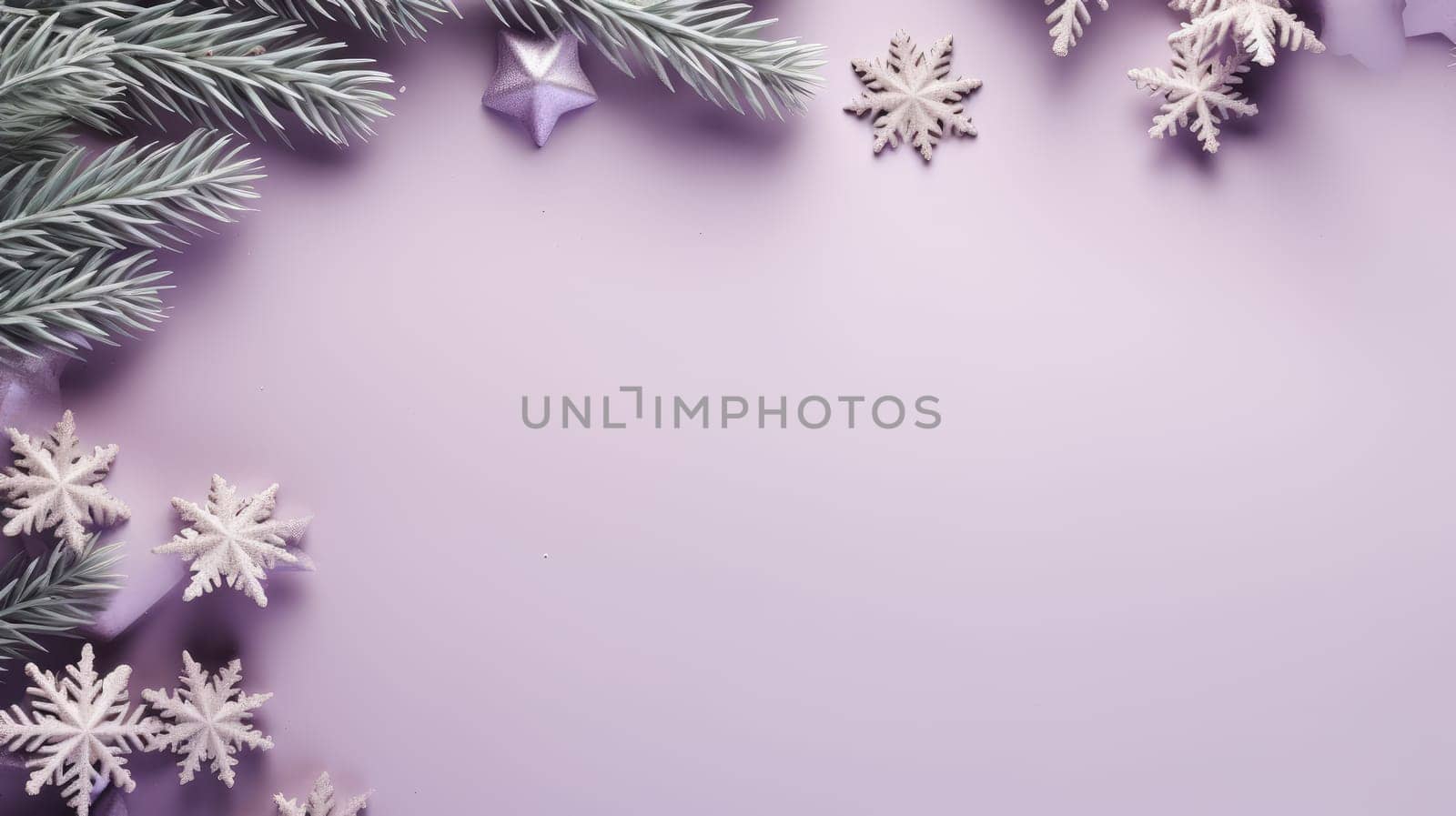 Christmas holiday star and fir branch background in bright purple colours. Winter theme wallpaper. Artificial Art