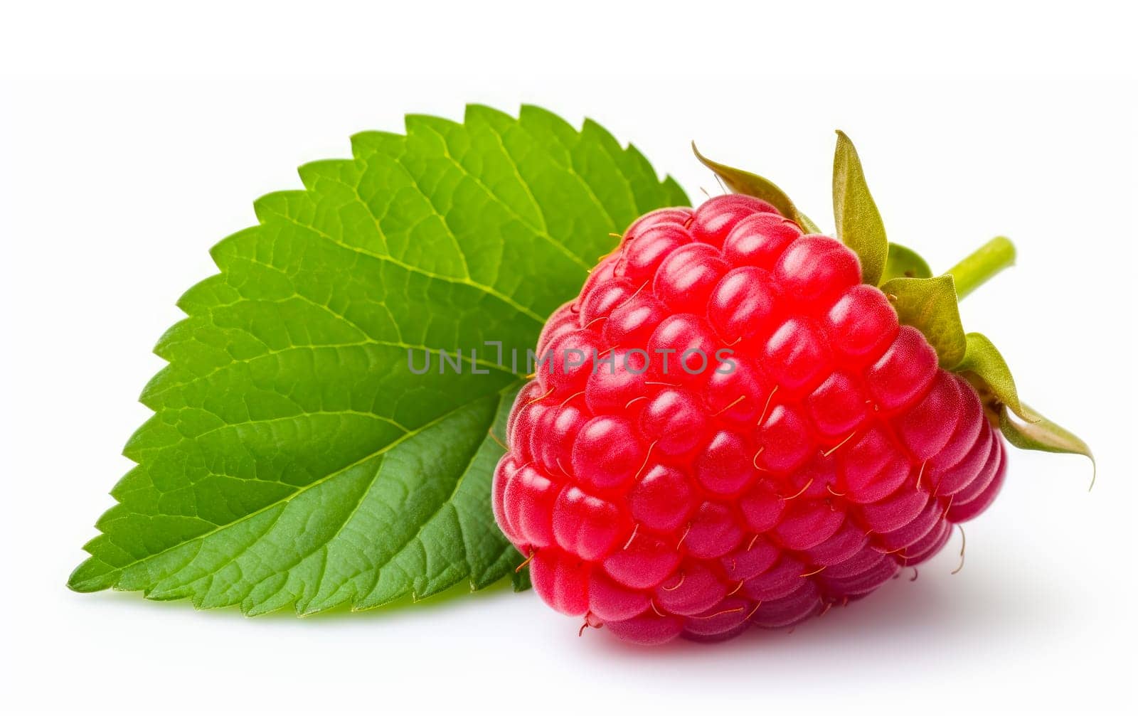 Fresh raspberry with green leaf isolated on white background. artificial art